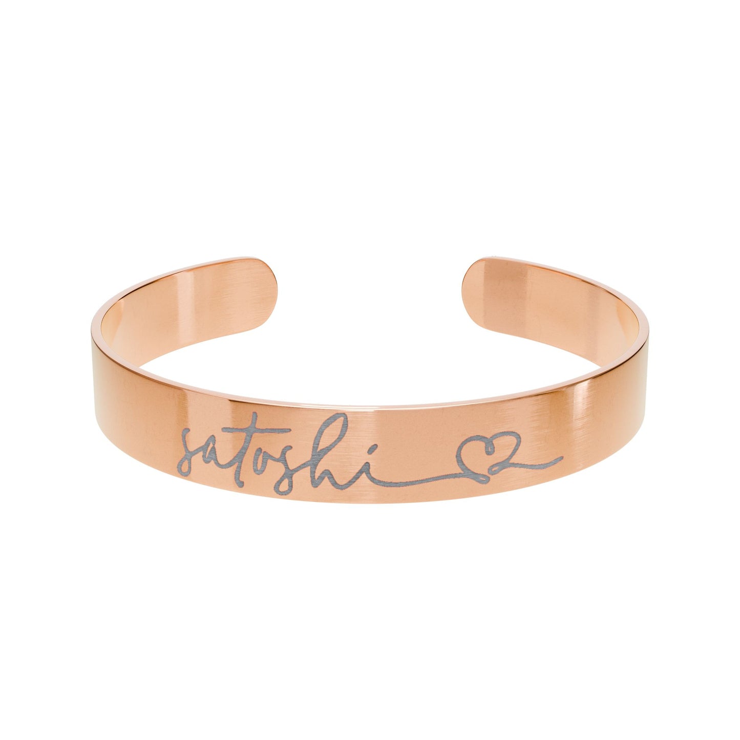 Rose gold bracelet with 'satoshi' and a heart symbol on a white background
