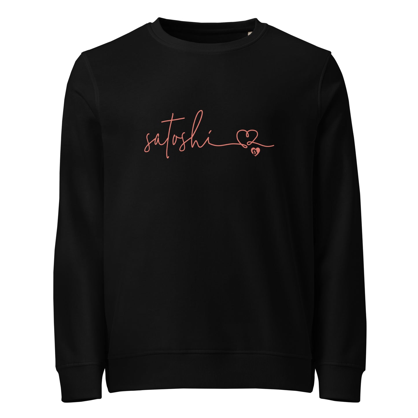 Black sweatshirt with 'satoshi' text and a heart on a white background
