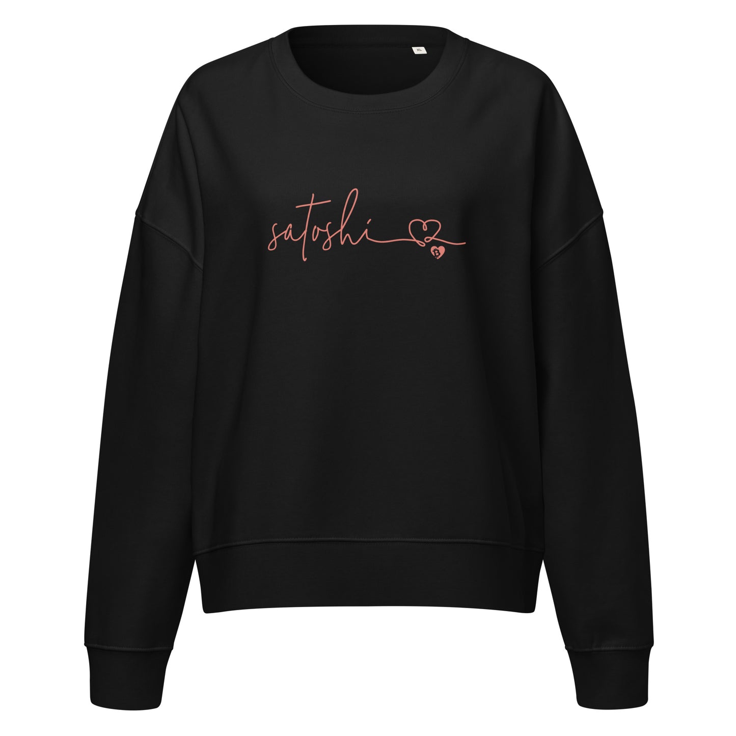 Black sweatshirt with 'satoshi' and a heart design on a white background