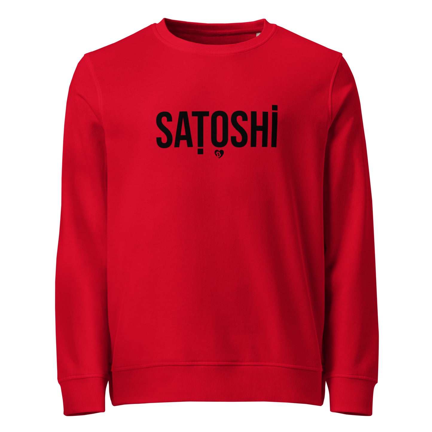Red sweatshirt with 'Satoshi' printed on it against a white background