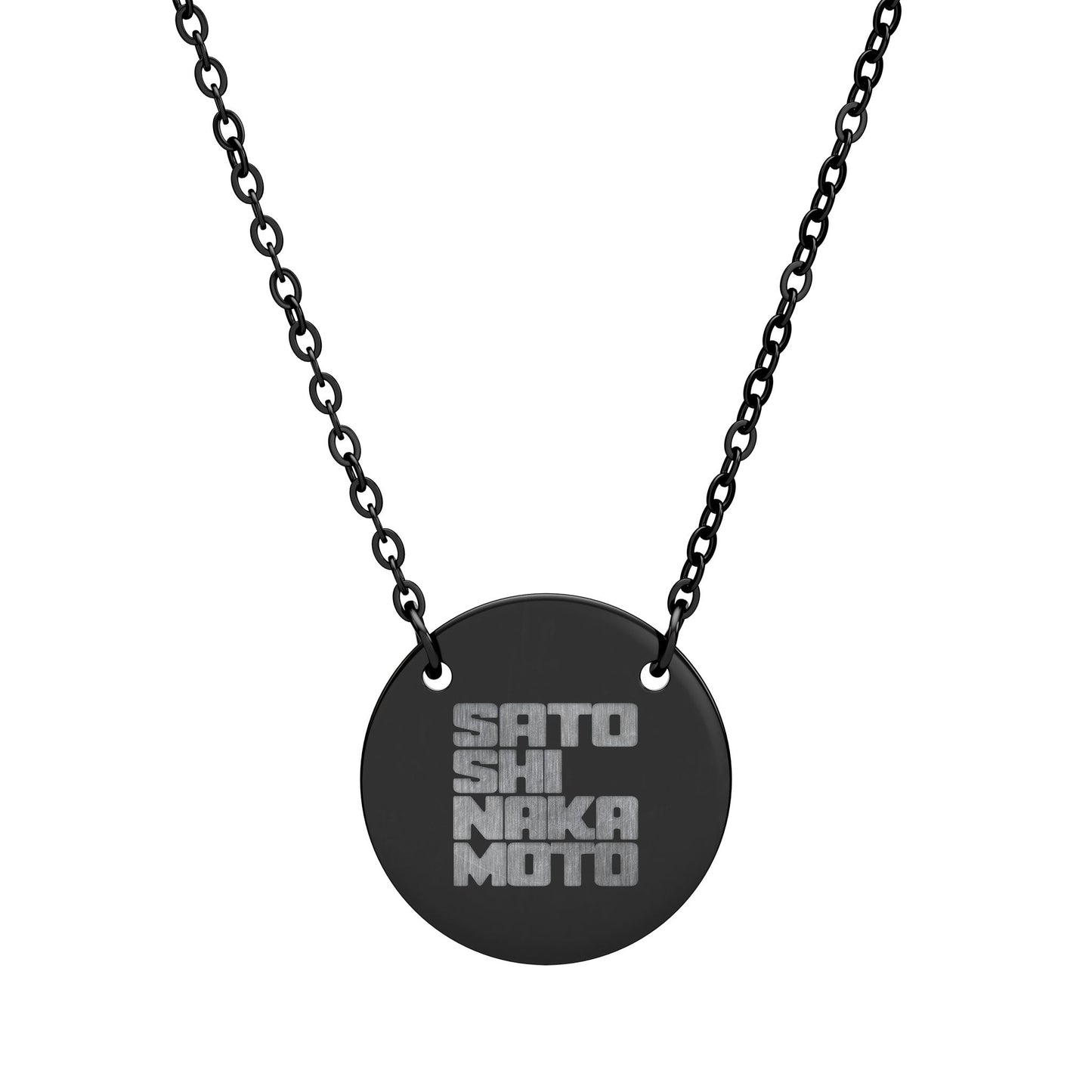 Black necklace with a round pendant featuring engraved satoshi nakamoto text on a white background