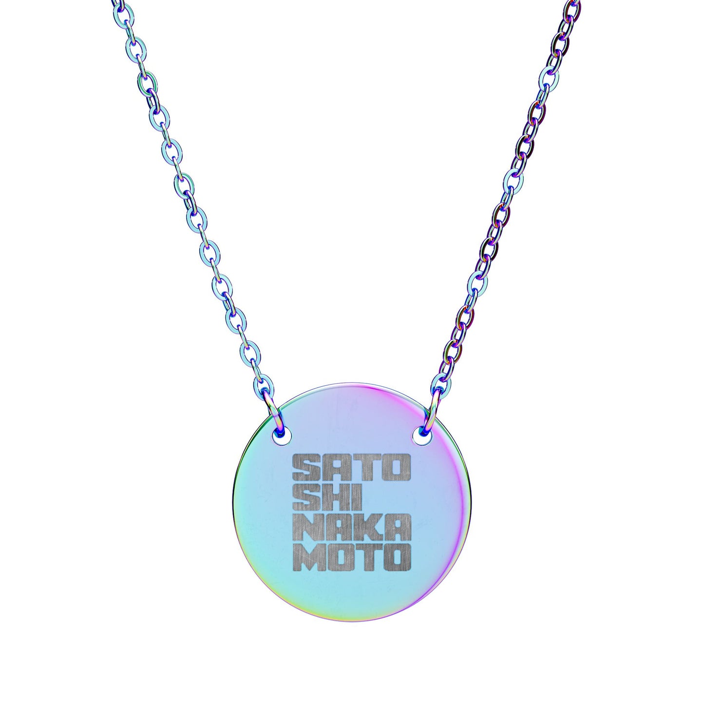 Necklace with a round, iridescent pendant featuring engraved satoshi nakamoto text on a white background
