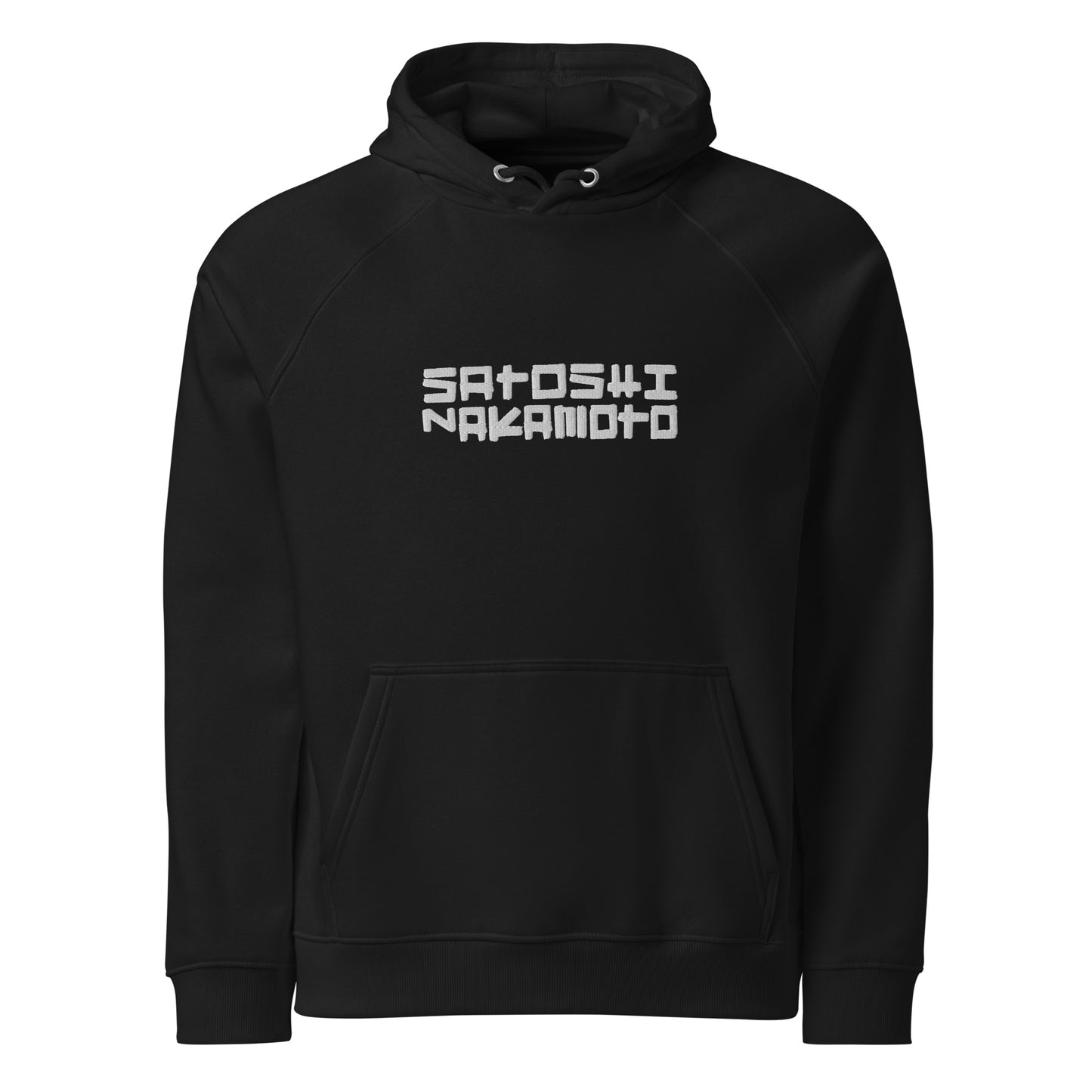 Black hoodie with 'Satoshi Nakamoto' text on a white background