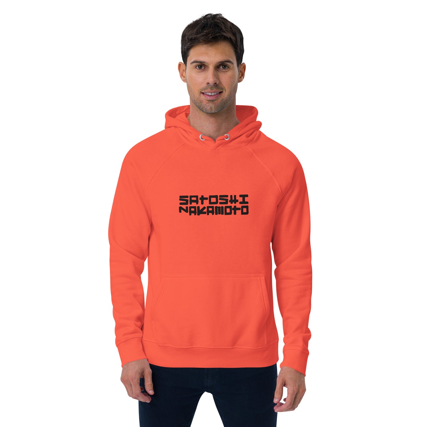 Person wearing an orange hoodie with 'Satoshi Nakamoto' text on a white background
