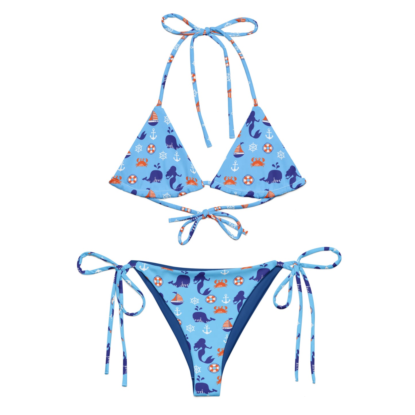 Blue bikini set with satoshi ocean-themed pattern on a white background