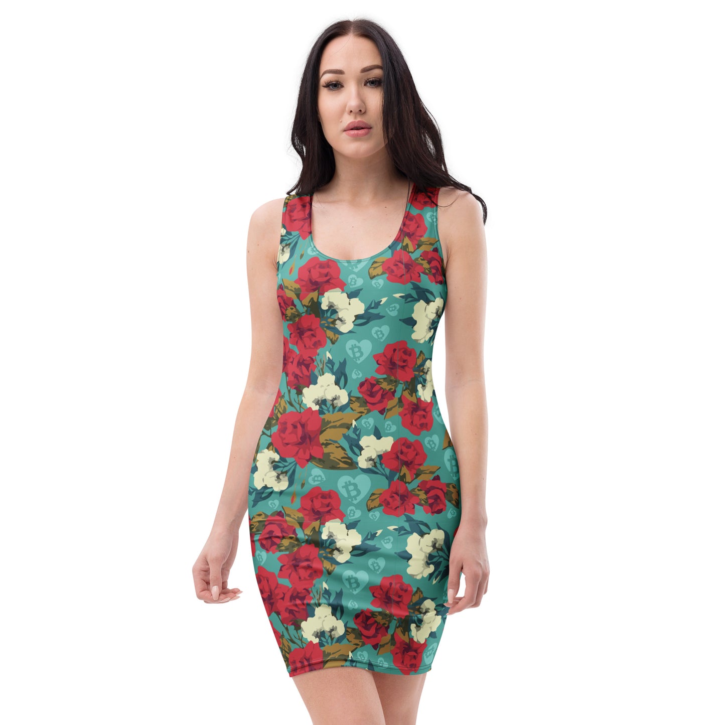 Woman wearing a floral teal dress with bitcoin hearts on a white background