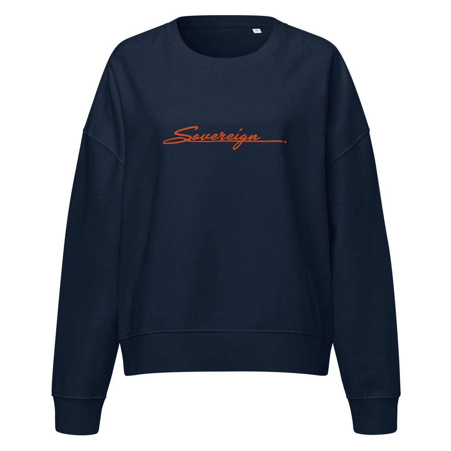 Navy blue sweatshirt with 'Sovereign' logo on a white background