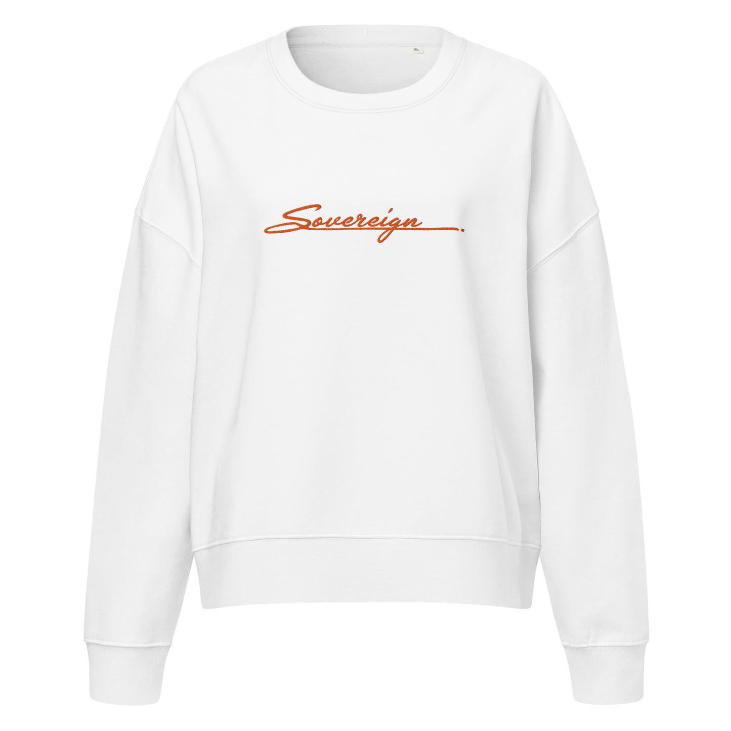 White sweatshirt with 'Sovereign' text in red on a white background