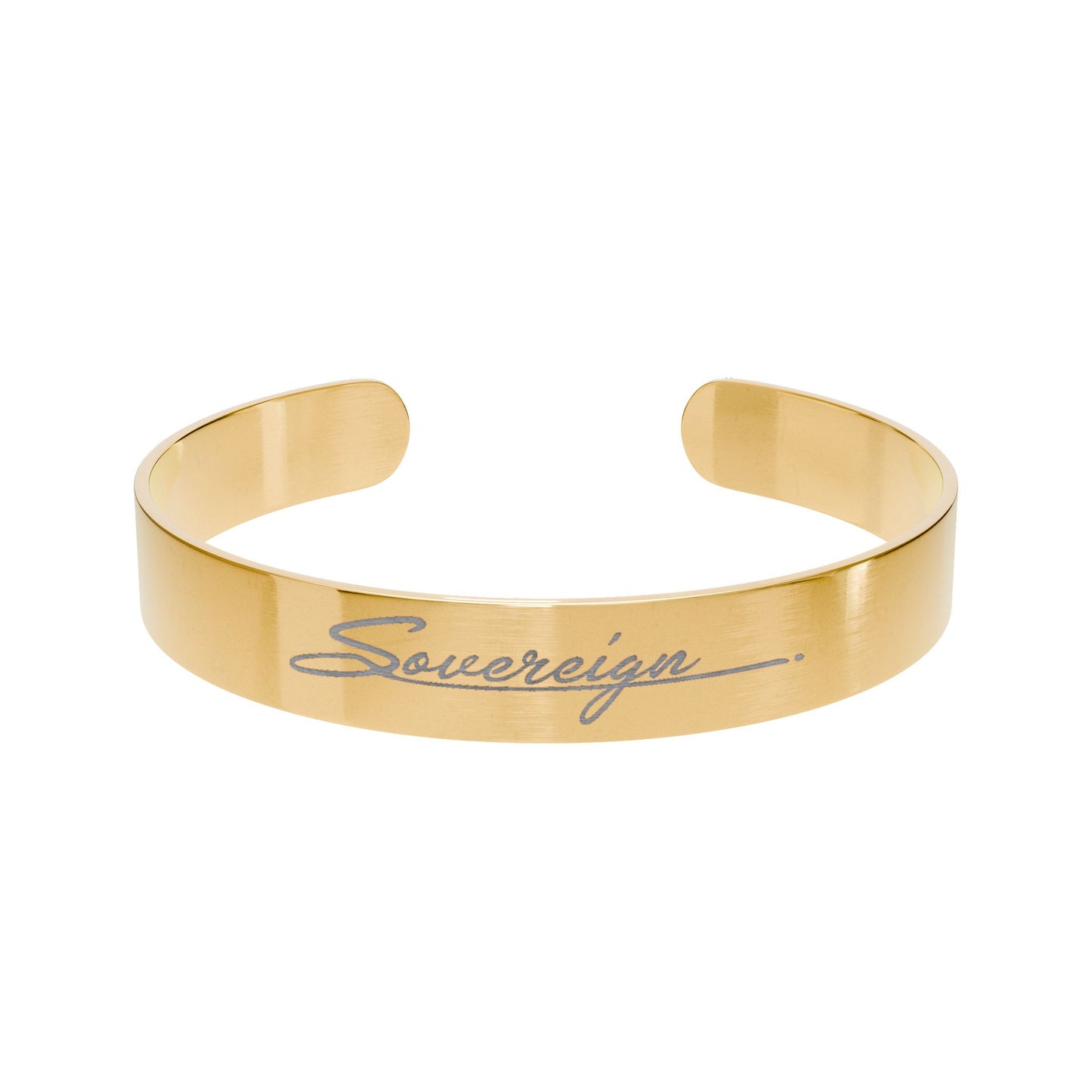 Gold bracelet with 'Sovereign' engraving on a white background