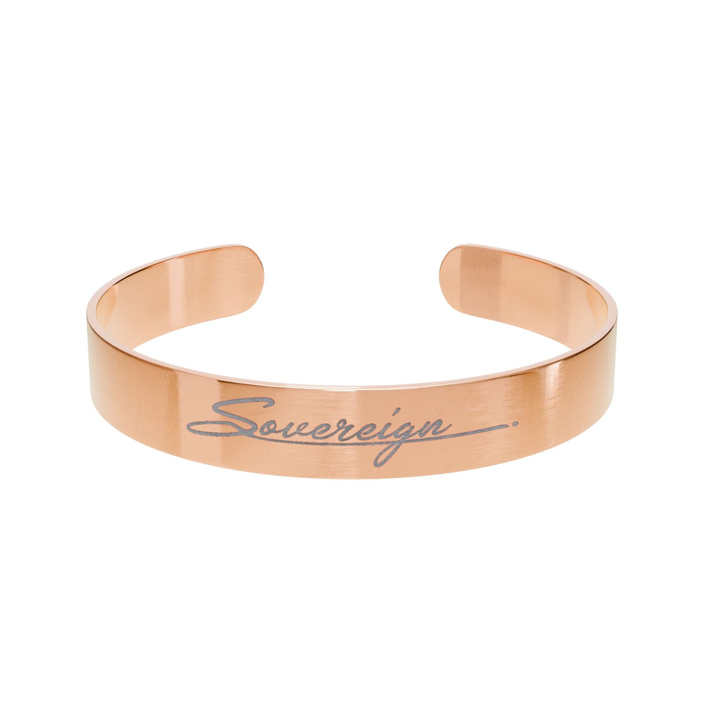 Rose gold bracelet with 'Sovereign' engraving on a white background