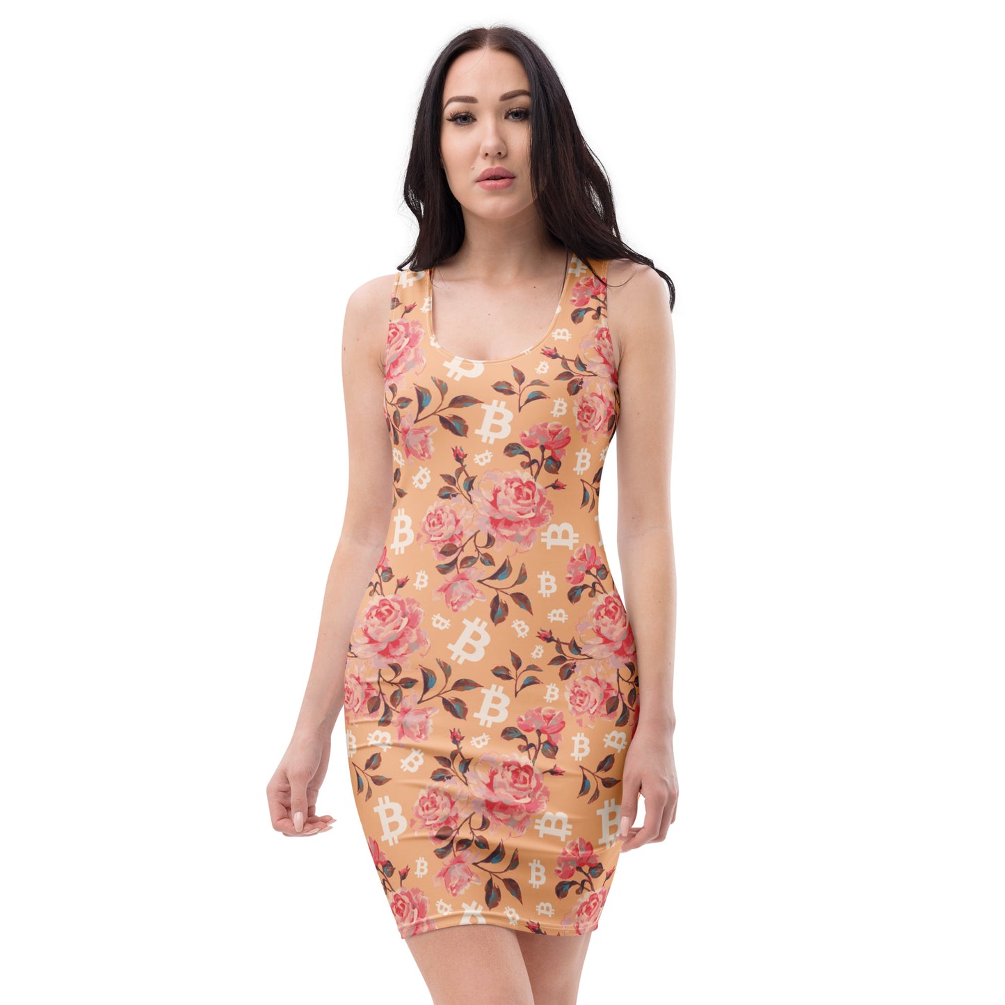 Woman wearing a floral bitcoin dress on a white background