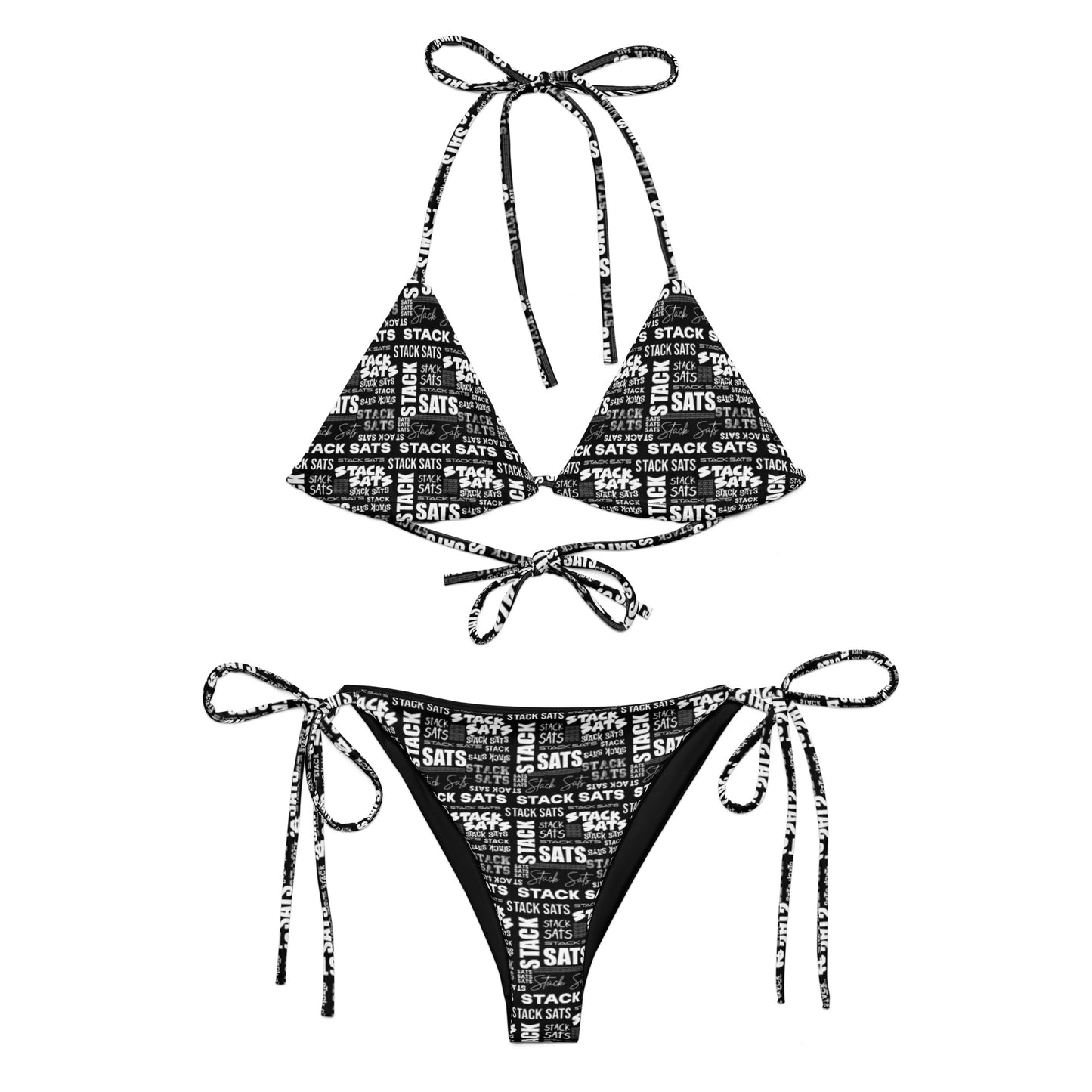 Black and white bikini set with text stack sats pattern on a white background