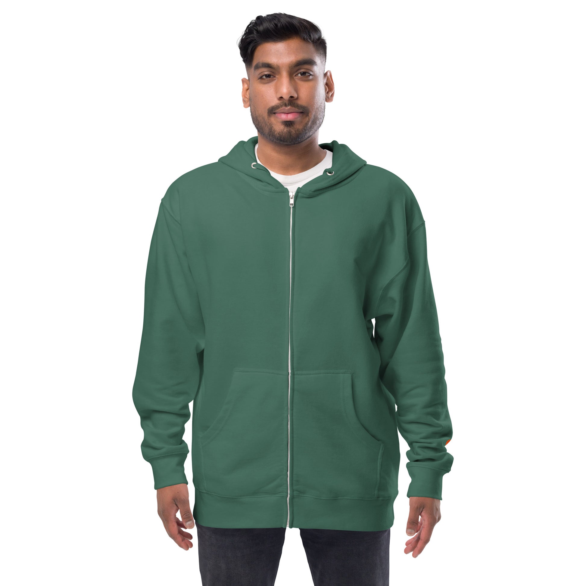Man wearing a green hoodie on a white background