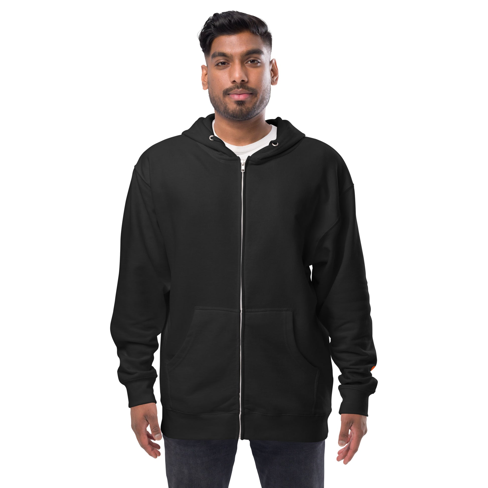 Man wearing a black zip-up hoodie on a white background