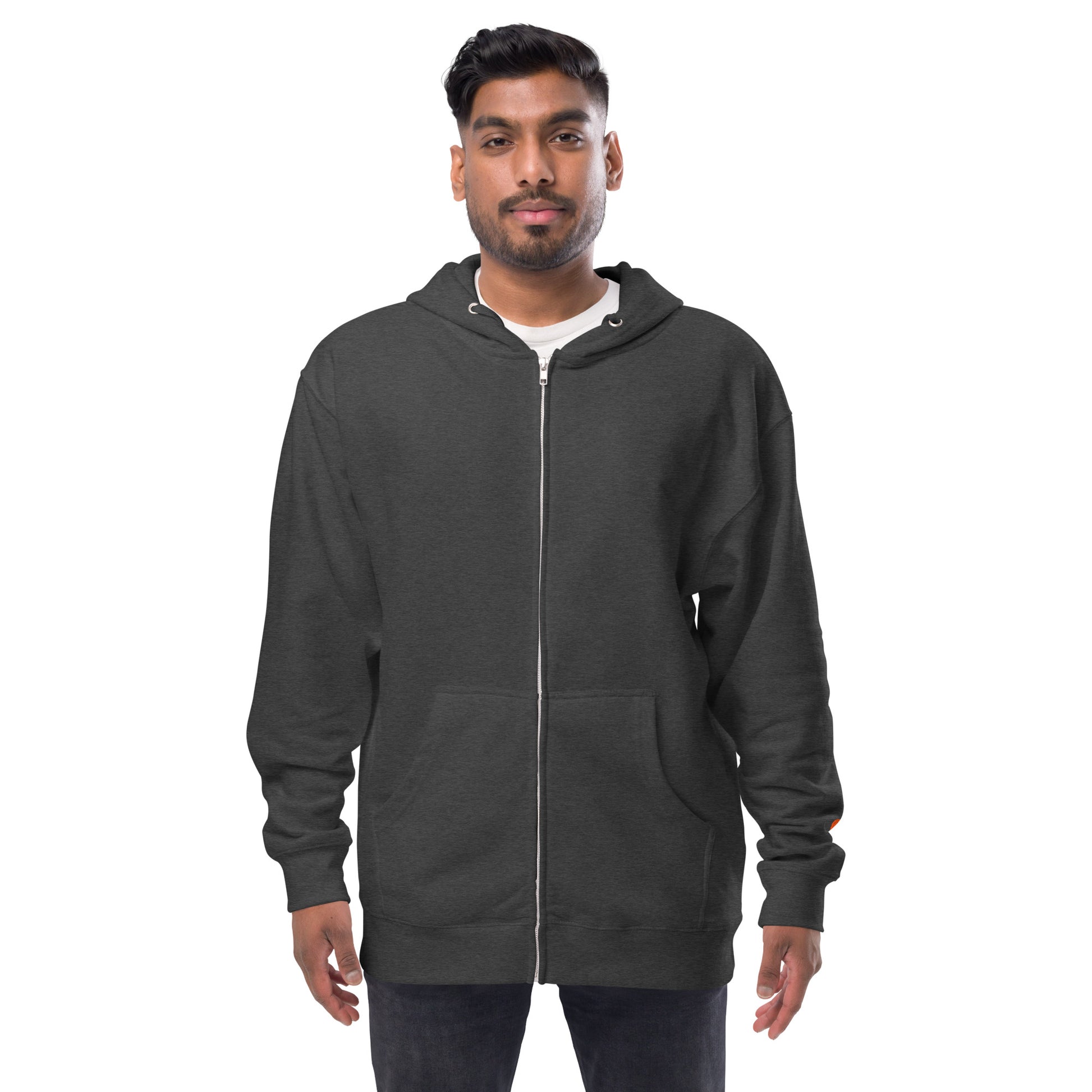 Man wearing a dark gray zip-up hoodie on a white background