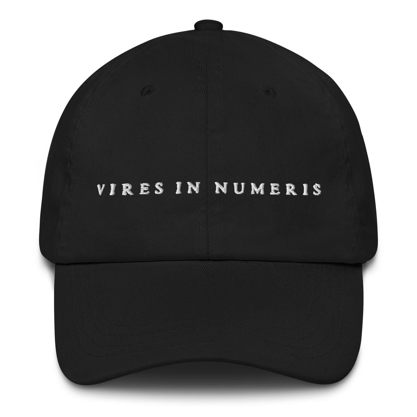 Black cap with 'VIRES IN NUMERIS' text on a white background
