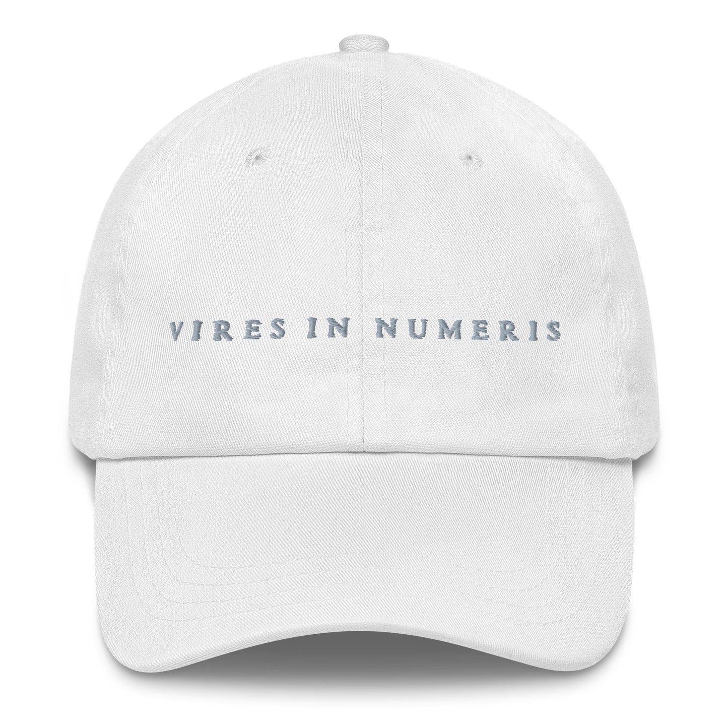 White cap with 'VIRES IN NUMERIS' text on a white background