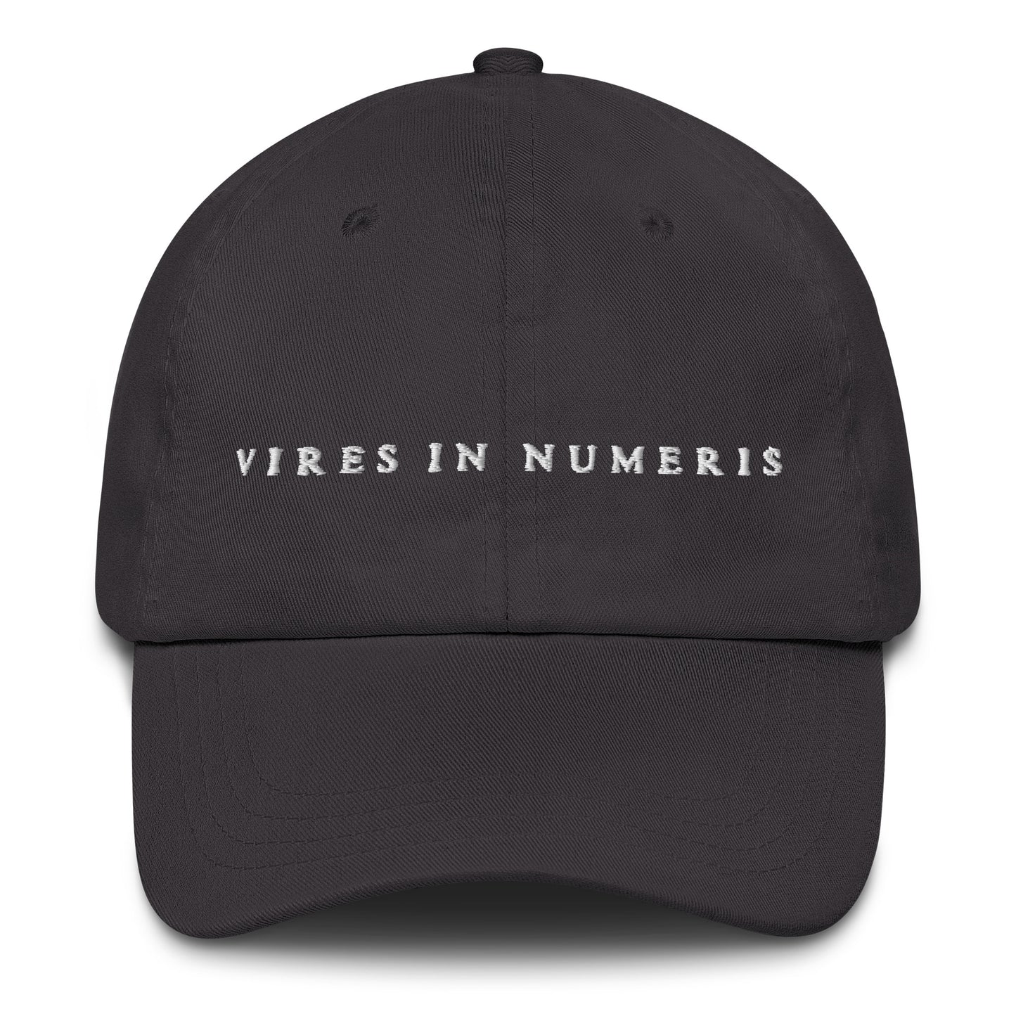 Black cap with 'VIRES IN NUMERIS' text on a white background