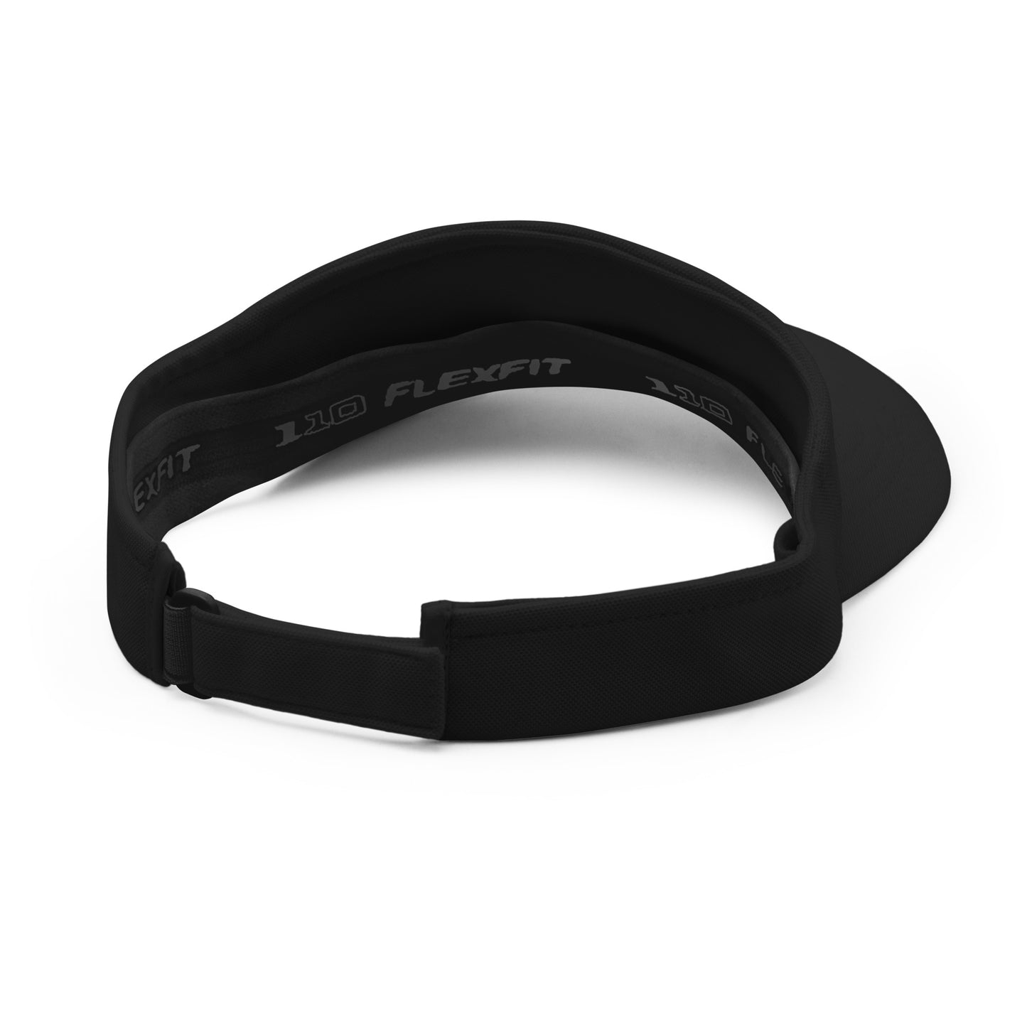 Black visor with Flexfit branding on a white background
