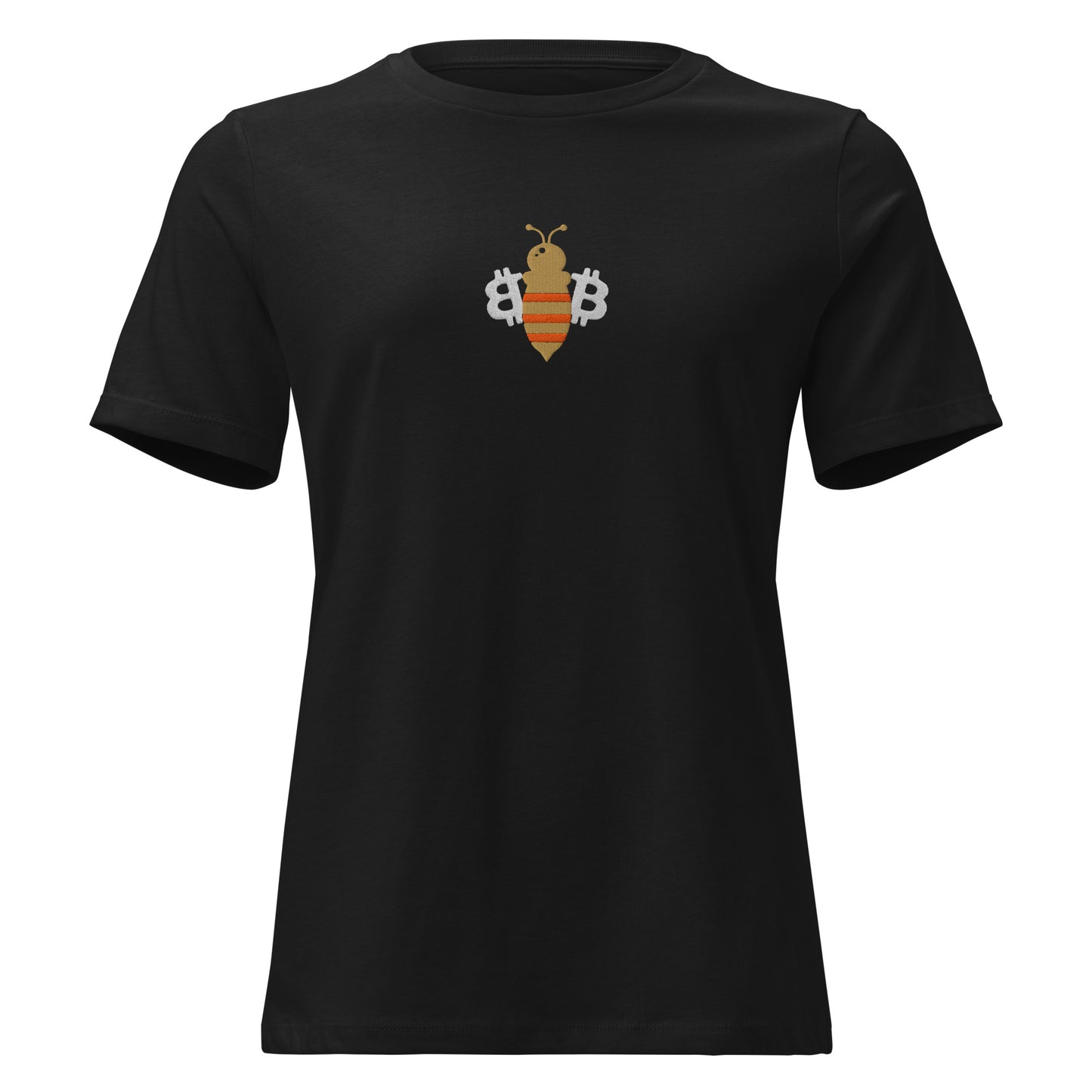 Black t-shirt with a bitcoin bee design on a white background