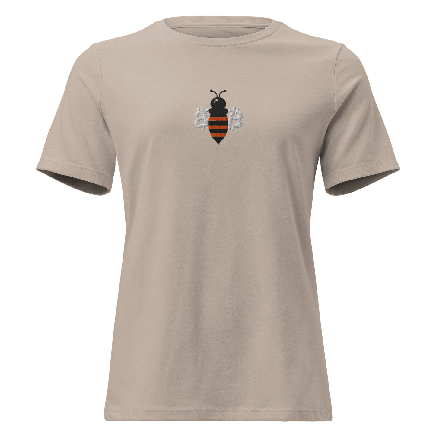 Beige t-shirt with a bee bitcoin graphic on a white background
