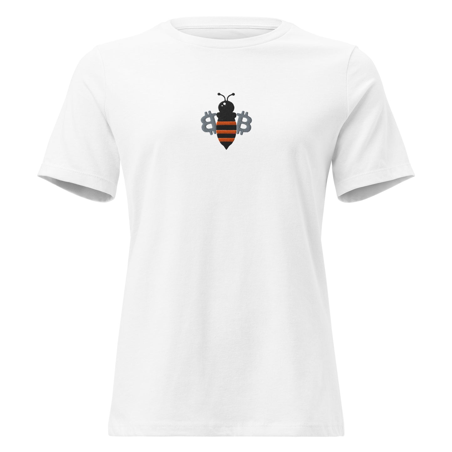bitcoin bee embroidered design on white t-shirt