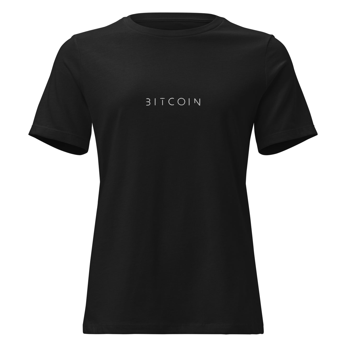 Black t-shirt with 'BITCOIN' text on a white background