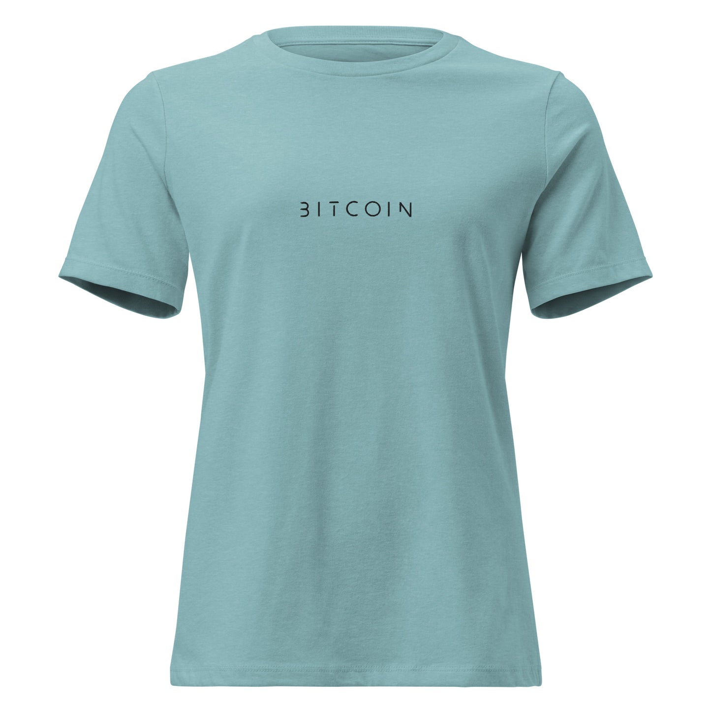 Light blue t-shirt with 'BITCOIN' text on a white background