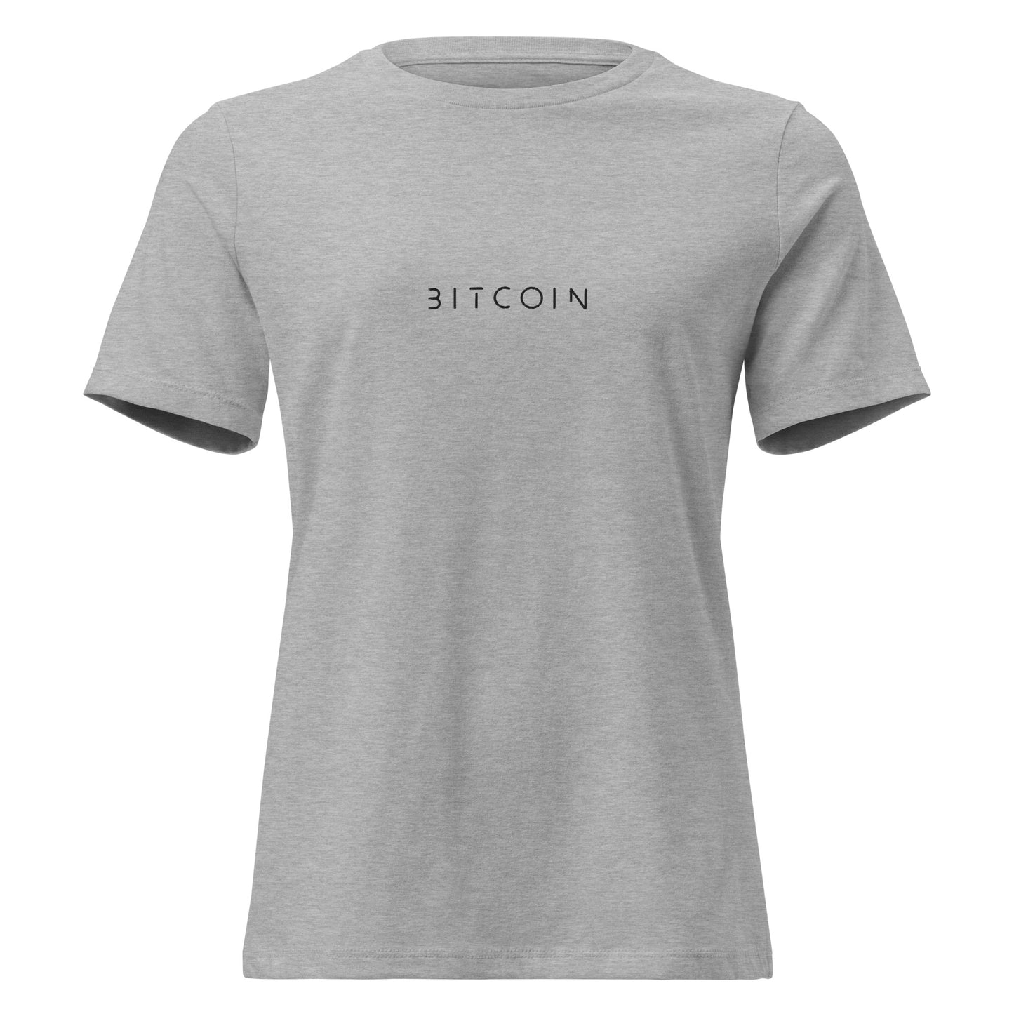 Gray t-shirt with 'BITCOIN' text on a white background