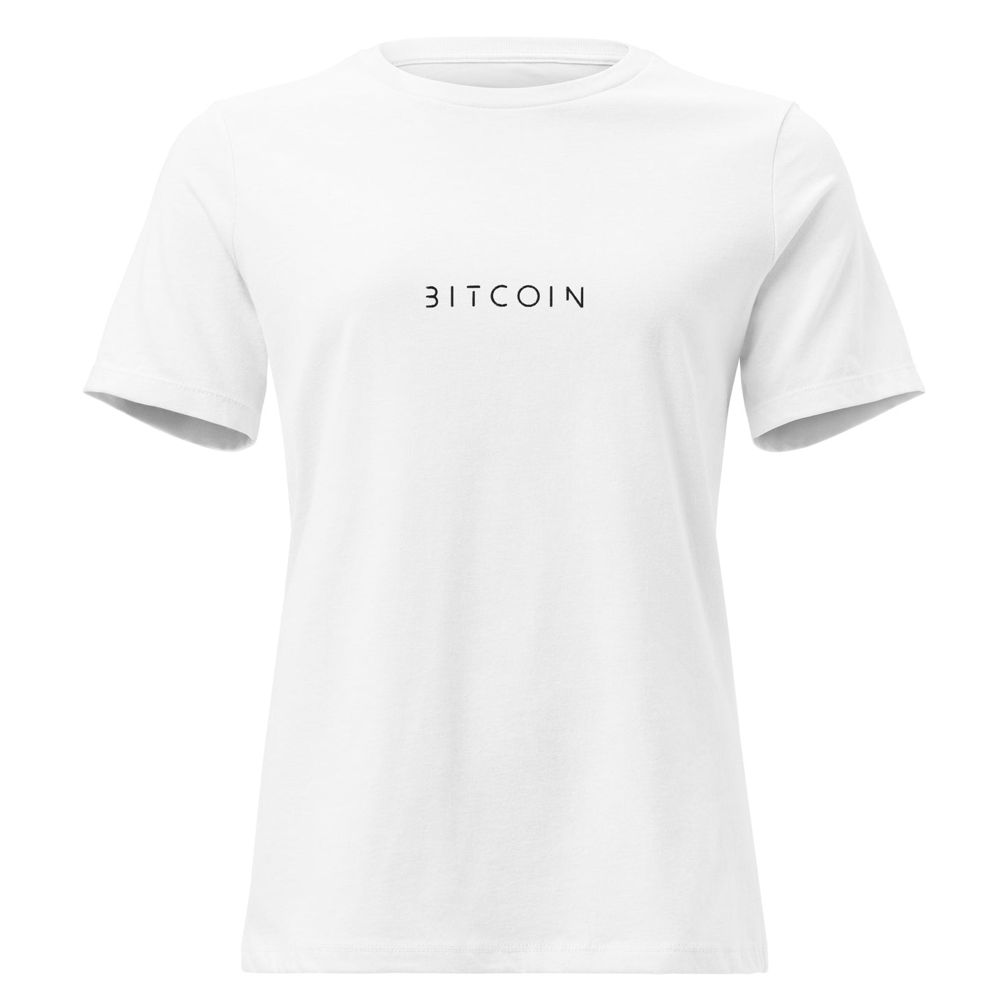 White t-shirt with 'BITCOIN' text on a white background