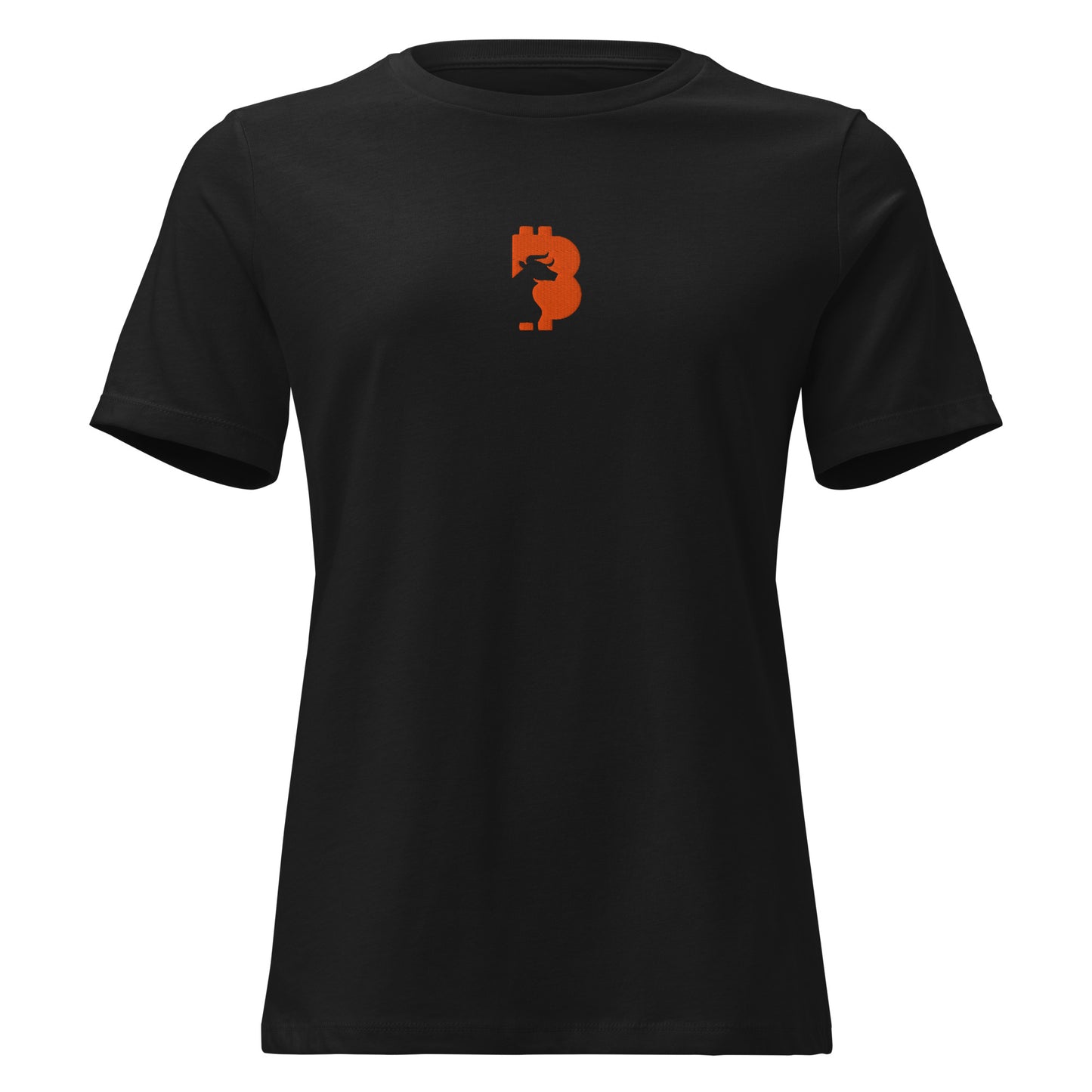 Black t-shirt with an orange bitcoin bull logo on a white background