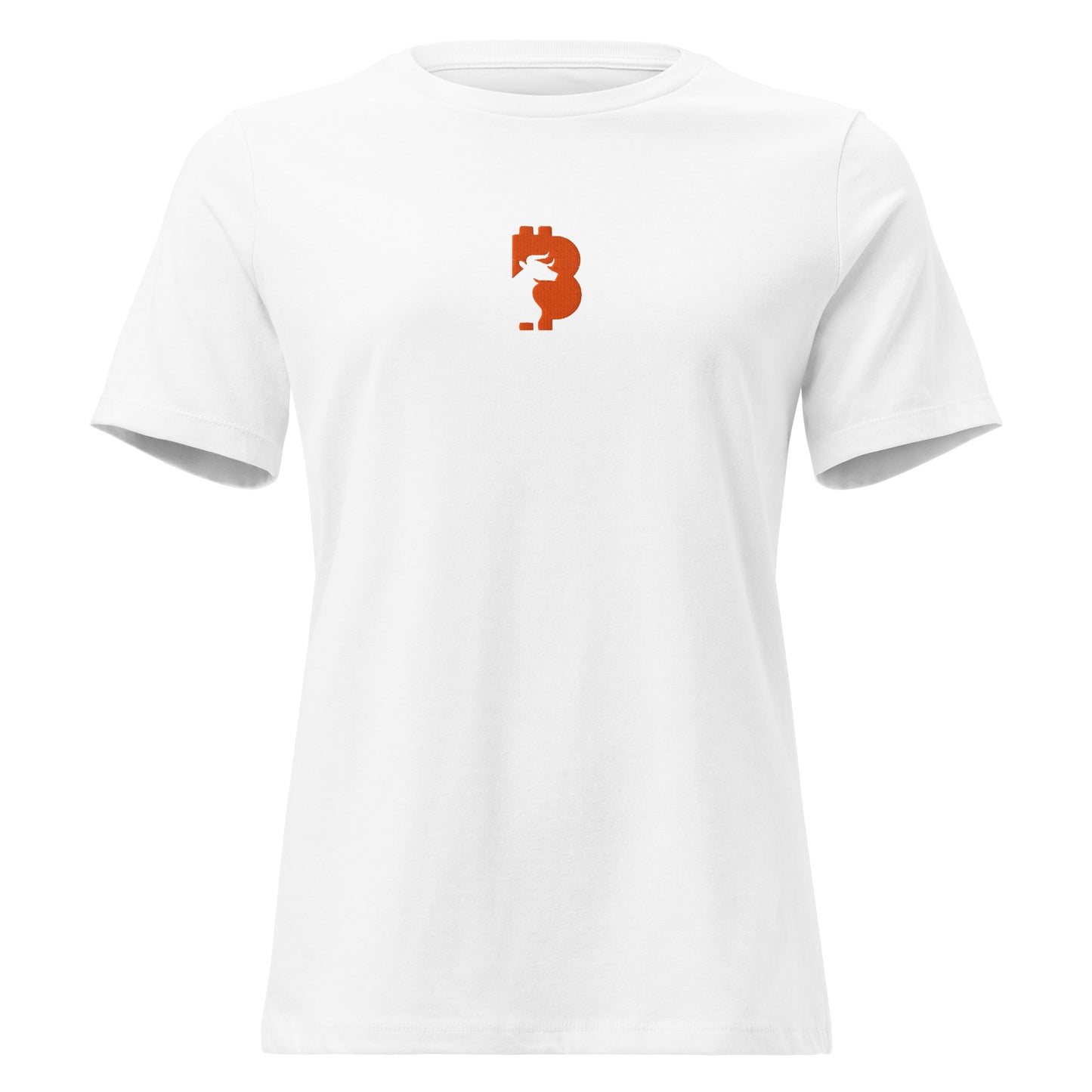 White t-shirt with a orange bitcoin bull logo on a white background