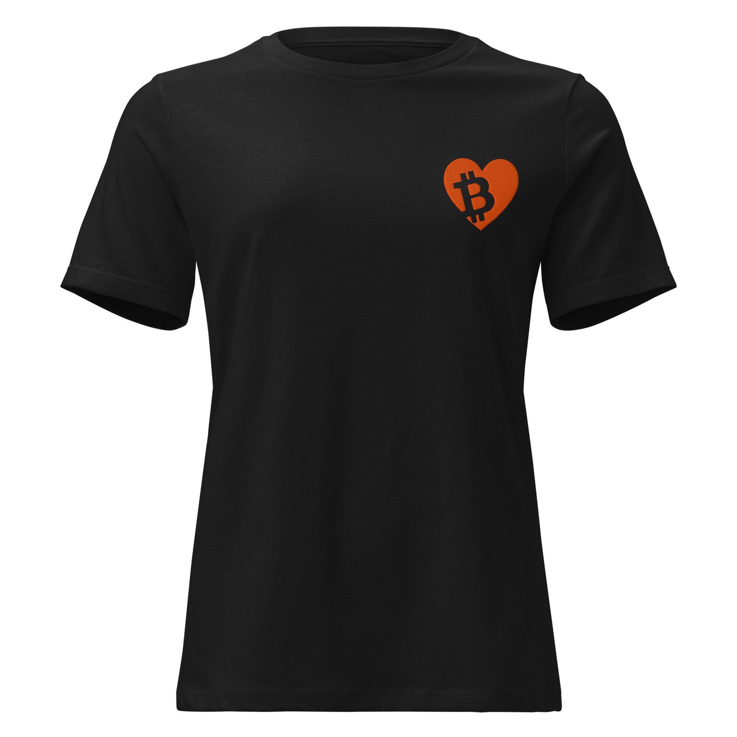 Black t-shirt with an orange heart-shaped logo featuring a Bitcoin symbol on a white background