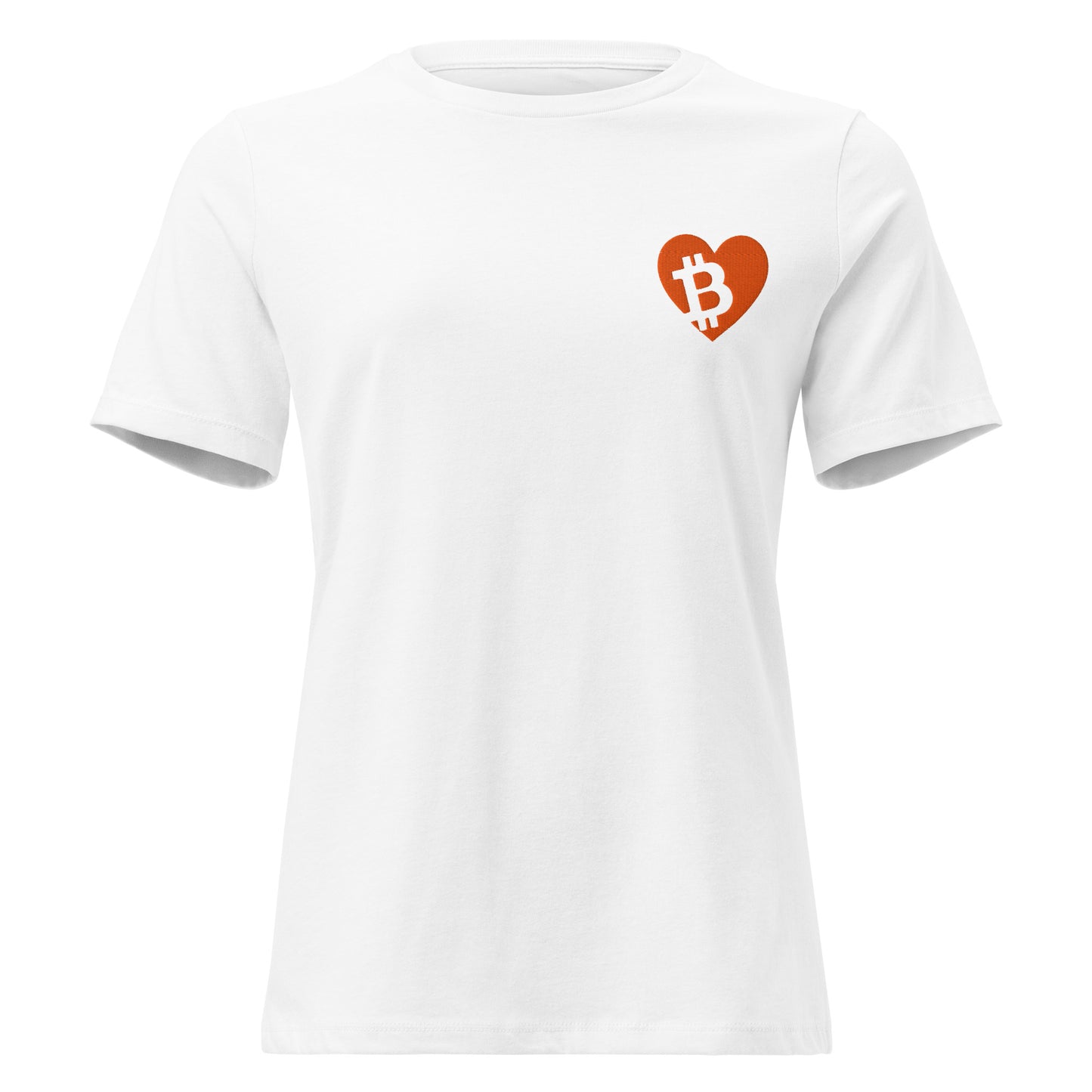 White t-shirt with a red heart-shaped Bitcoin logo on a white background