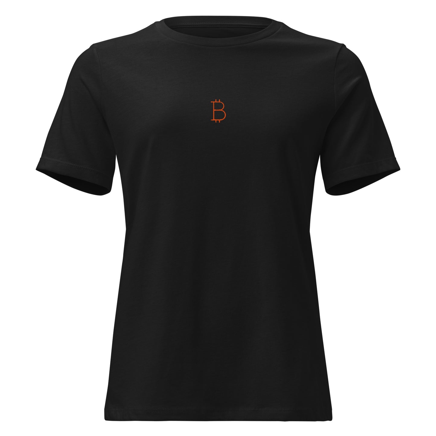 Black t-shirt with a Bitcoin symbol on a white background