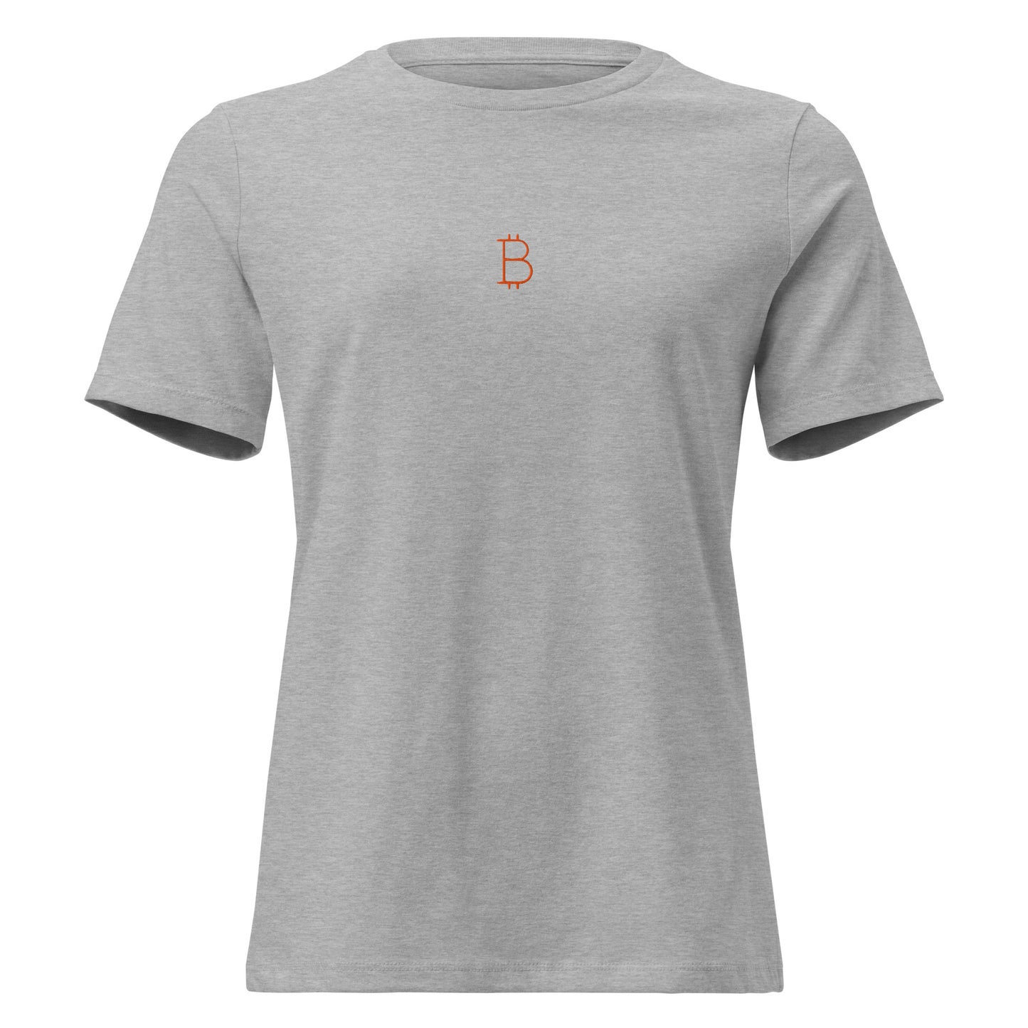 Gray t-shirt with a small orange bitcoin logo on a white background