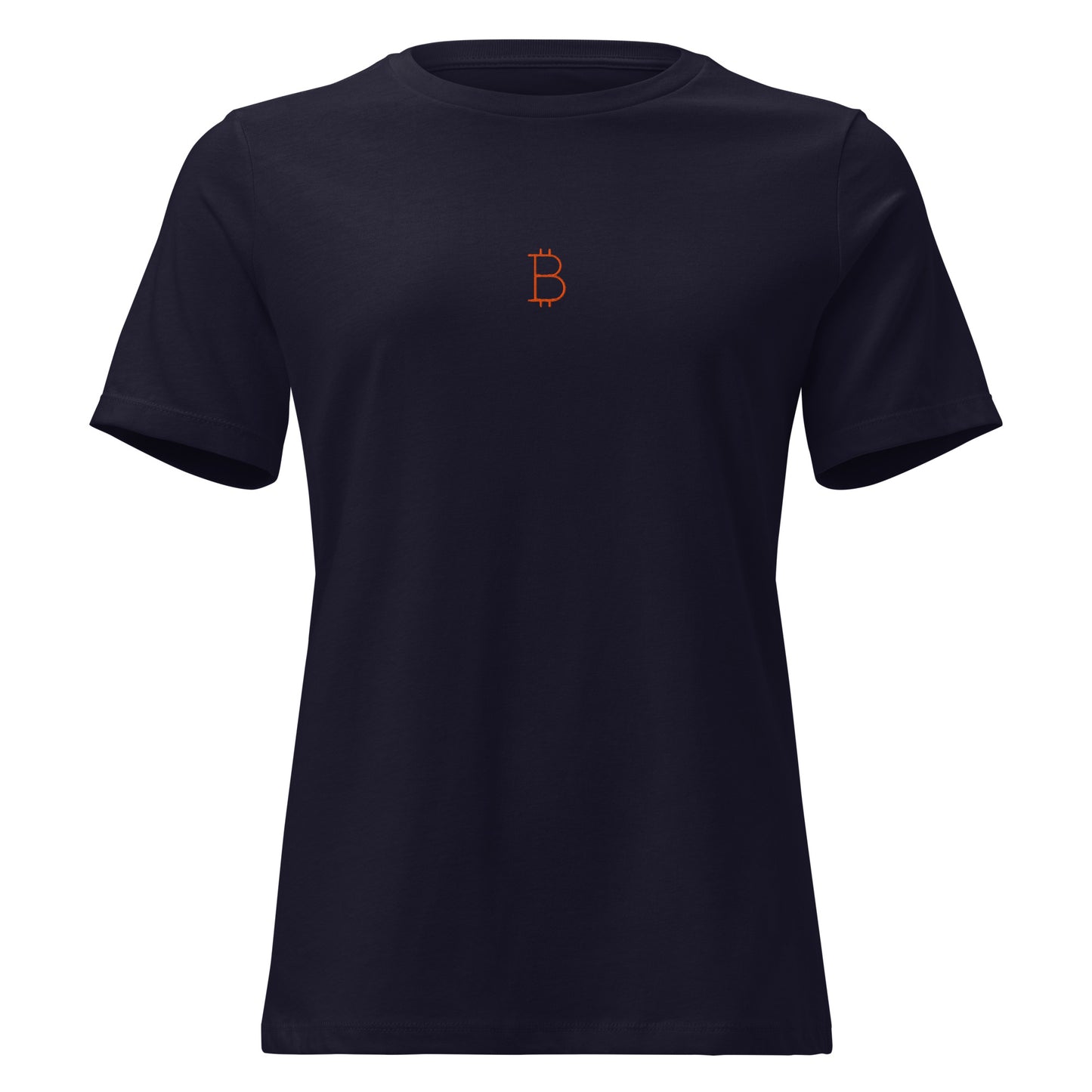 Black t-shirt with a small orange bitcoin logo on a white background