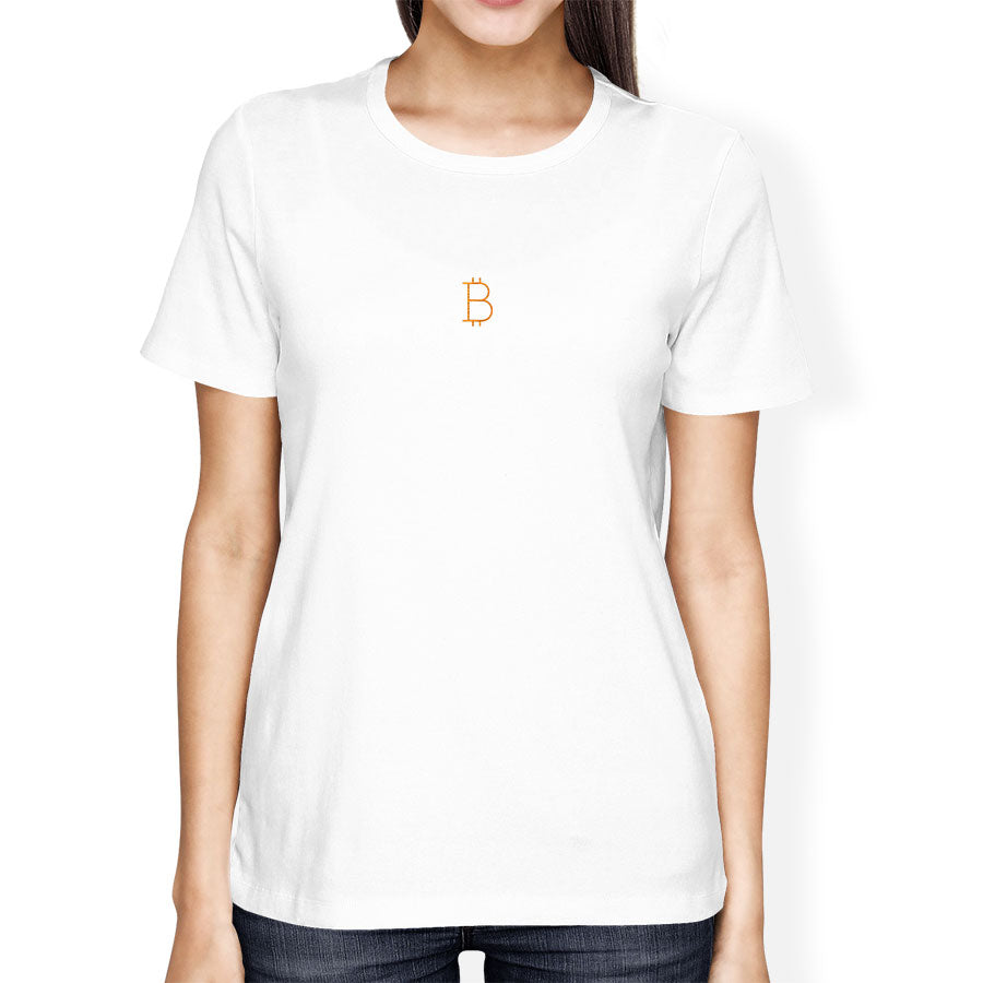 white t-shirt with small bitcoin symbol embroidered on the chest