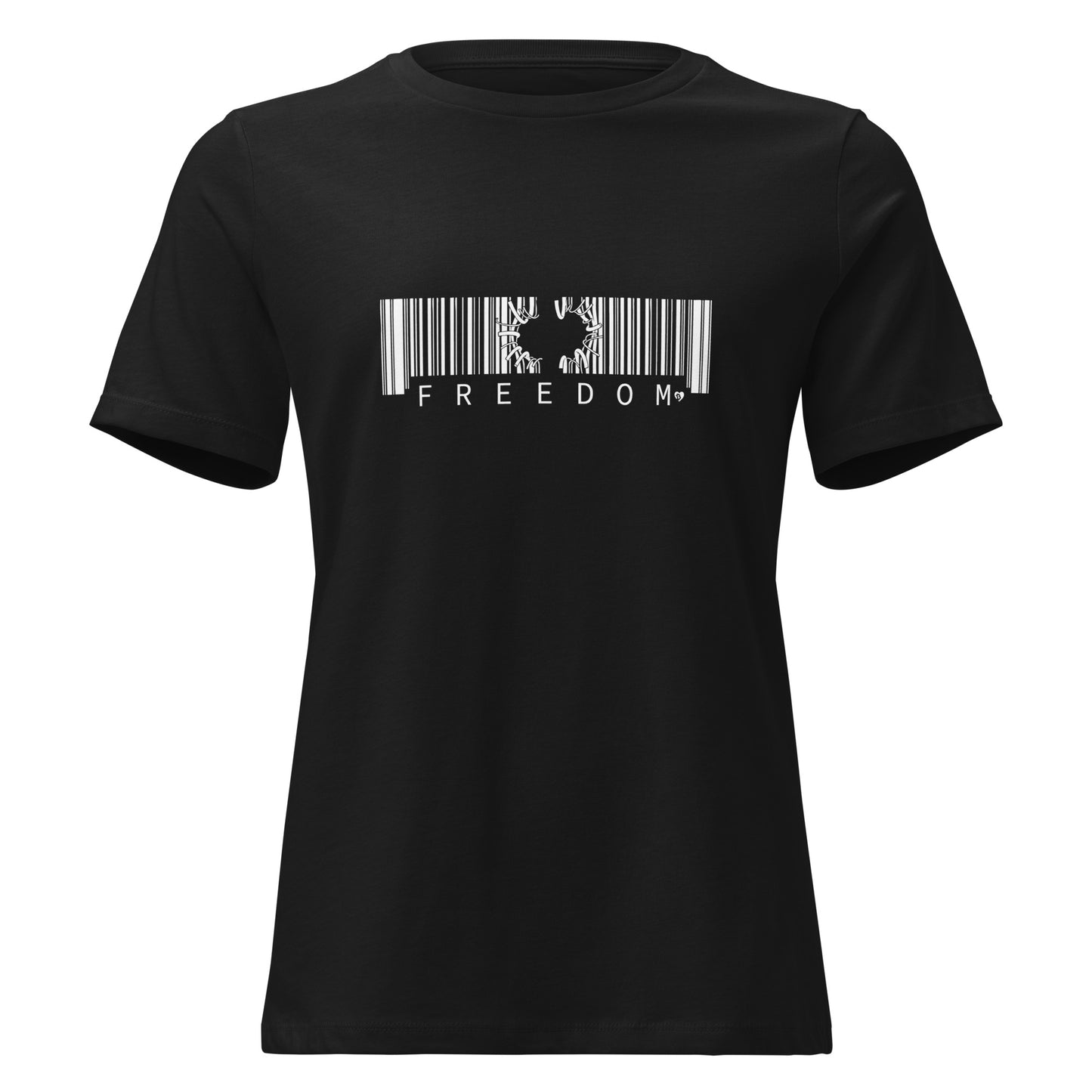 Black t-shirt with a barcode design and 'FREEDOM' text on a white background