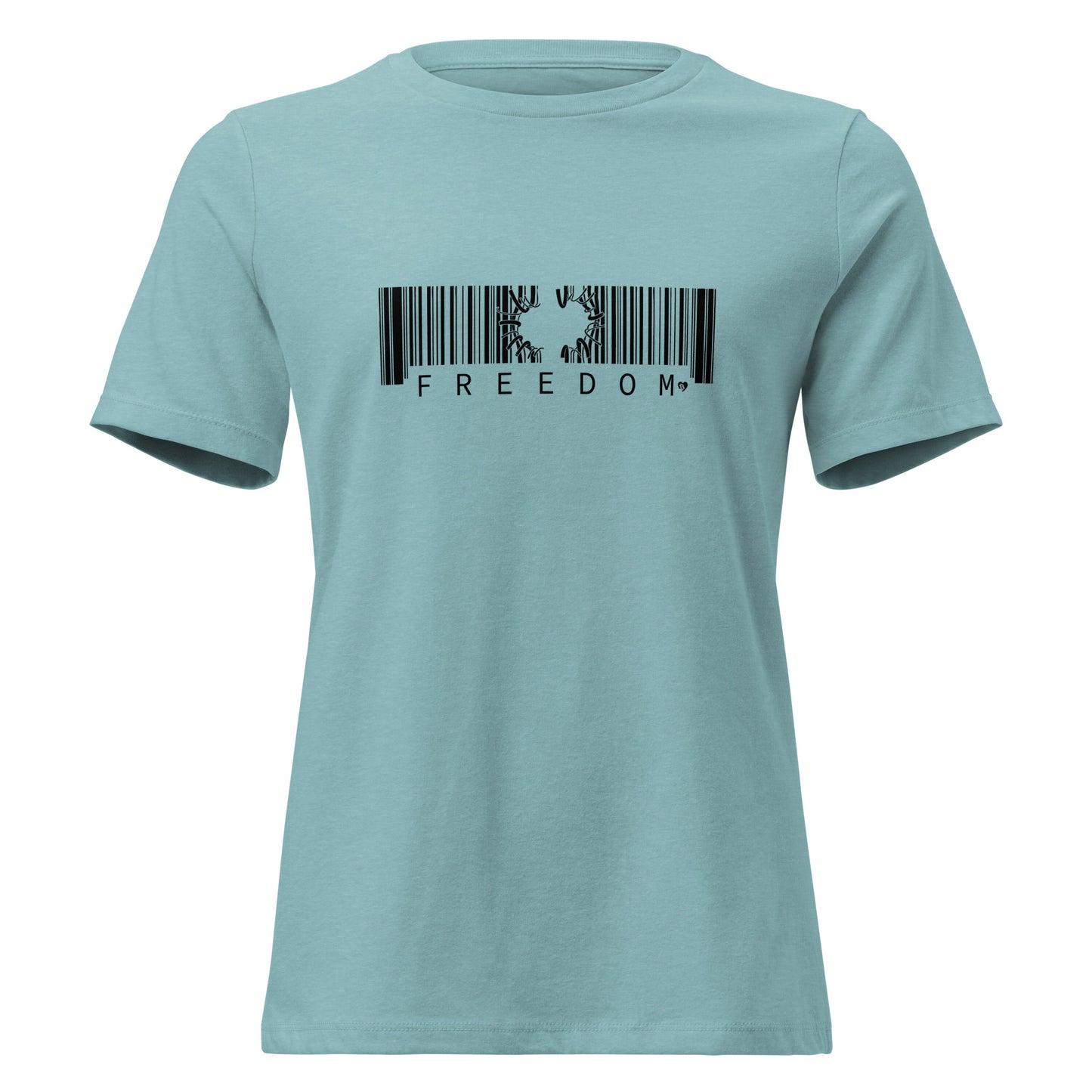 Light blue t-shirt with a black barcode design and 'FREEDOM' text on a white background