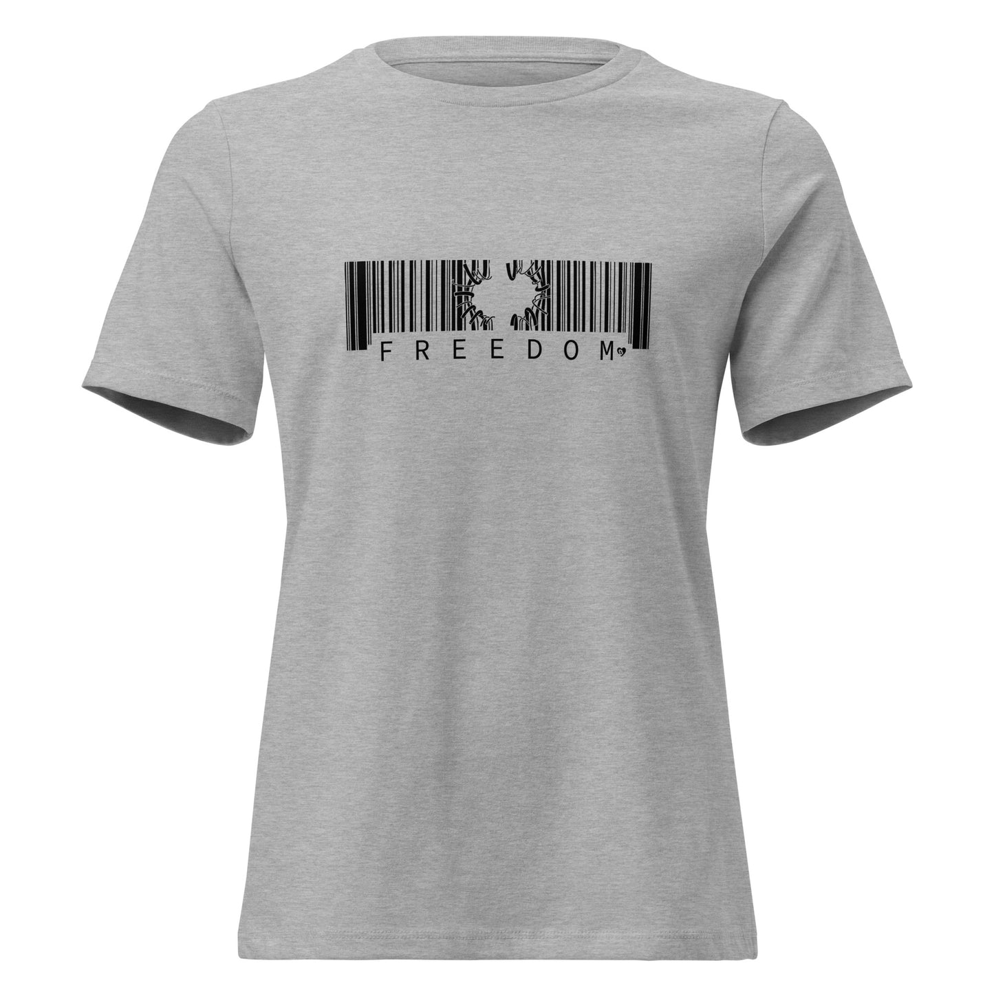 Gray t-shirt with a barcode design and 'FREEDOM' text on a white background