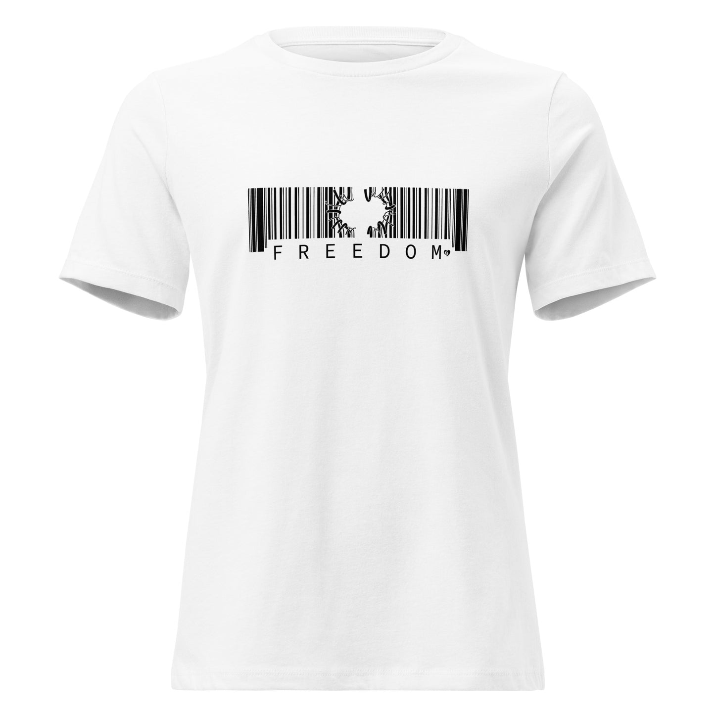 White t-shirt with a barcode design and 'FREEDOM' text on a white background
