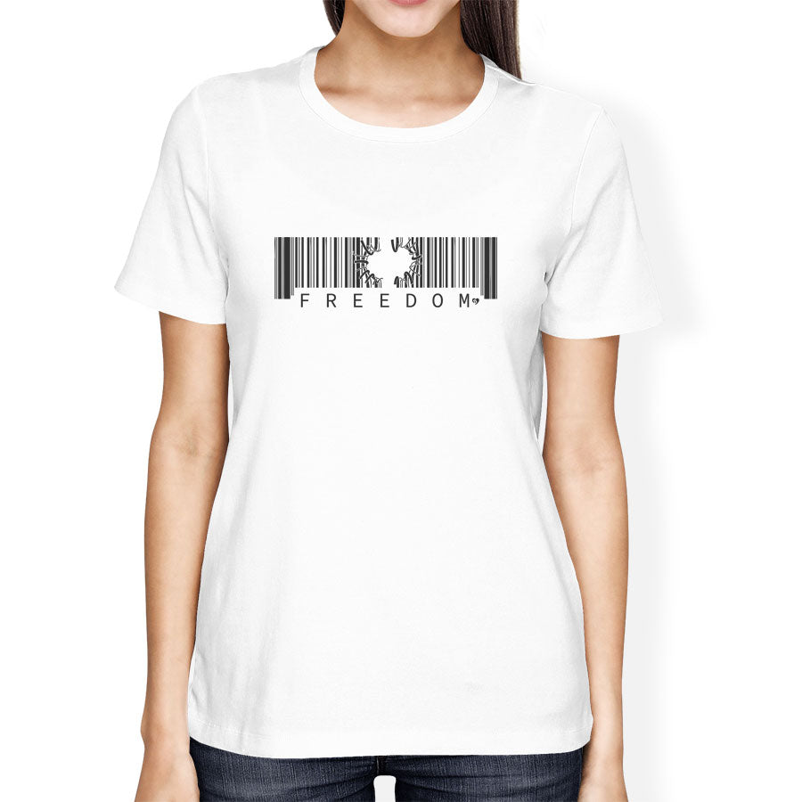 White t-shirt with a barcode design and 'FREEDOM' text worn by a person on a white background