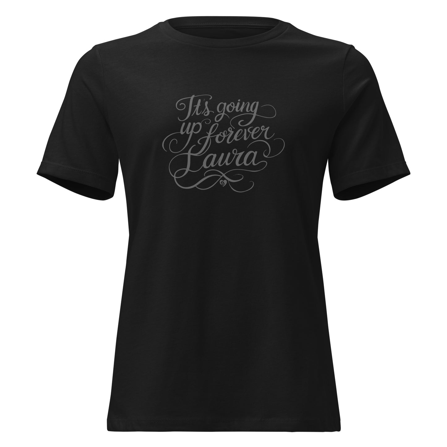 Black t-shirt with decorative its going up forever michael saylor text on a white background