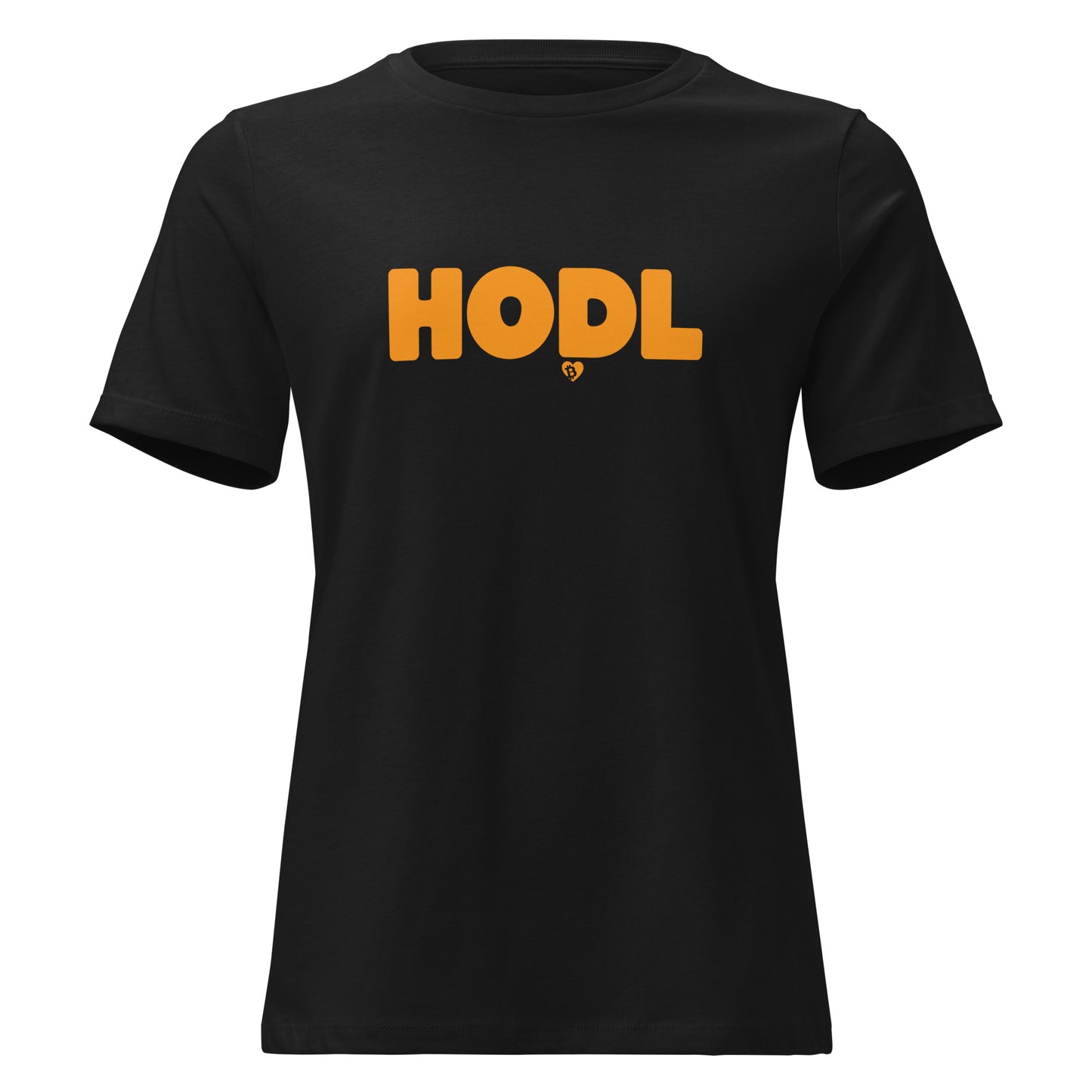 Black t-shirt with 'HODL' printed in orange on a white background