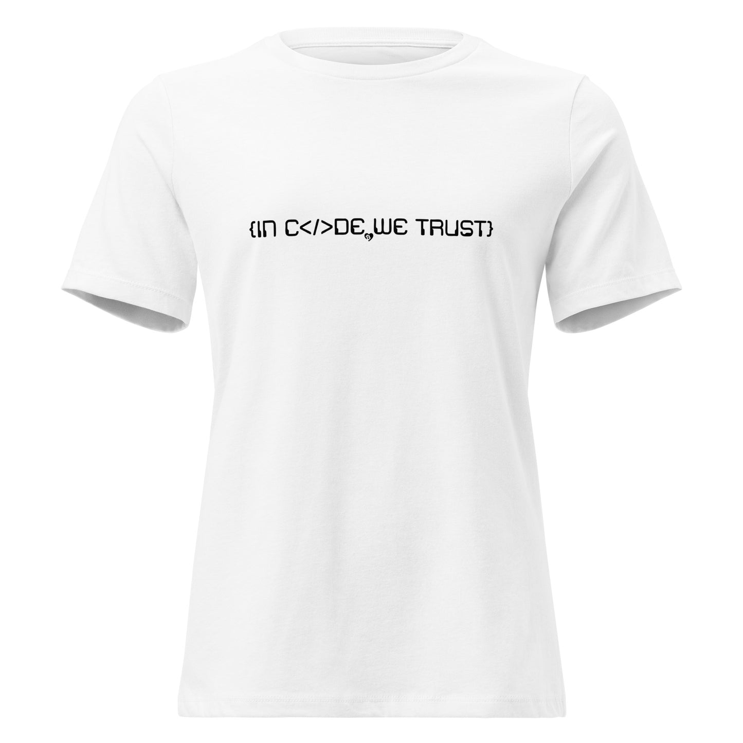 White t-shirt with black text in code we trust on a white background