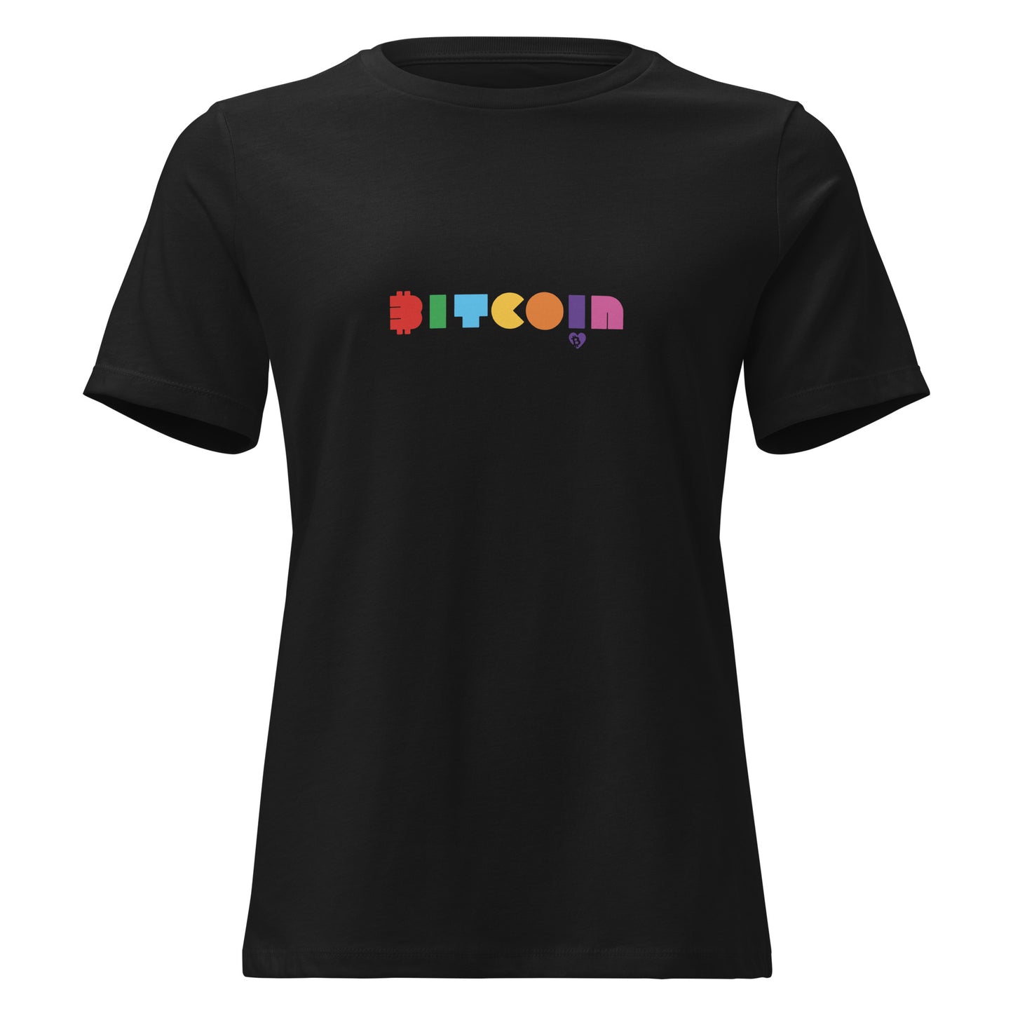 Black t-shirt with colorful 'Bitcoin' text on a white background