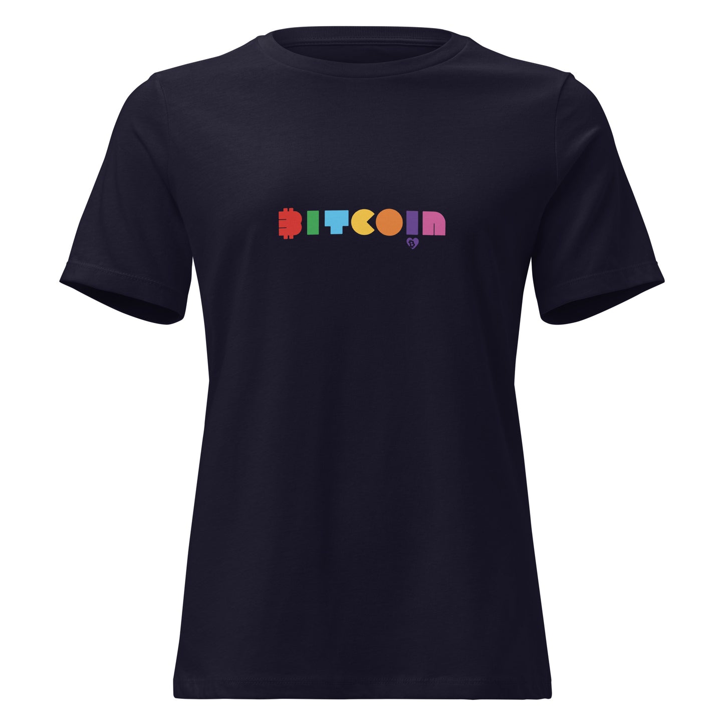 Black t-shirt with colorful 'Bitcoin' text on a white background
