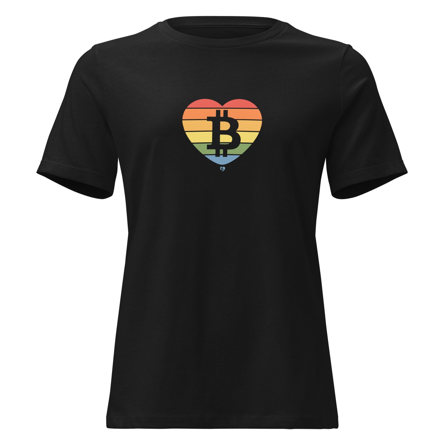 Black t-shirt with a rainbow heart design featuring the Bitcoin symbol on a white background