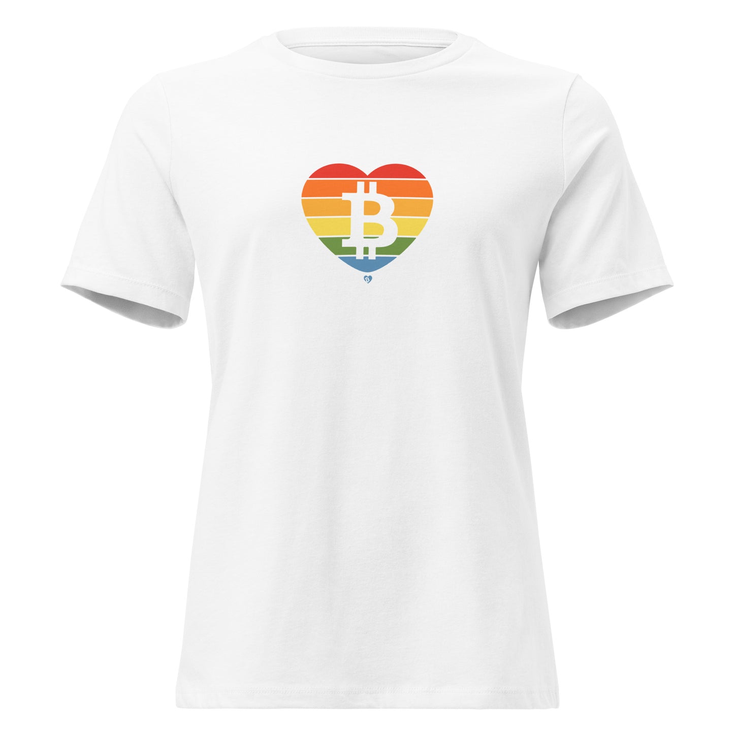 White t-shirt with a rainbow heart design featuring the Bitcoin symbol on a white background